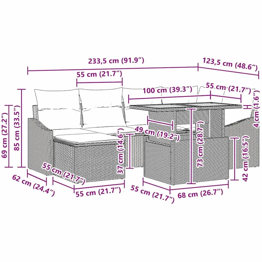 vidaXL Zestaw do jadalni ogrodowej 7 pcs Szary Brązowy Modułowy Odporny na UV