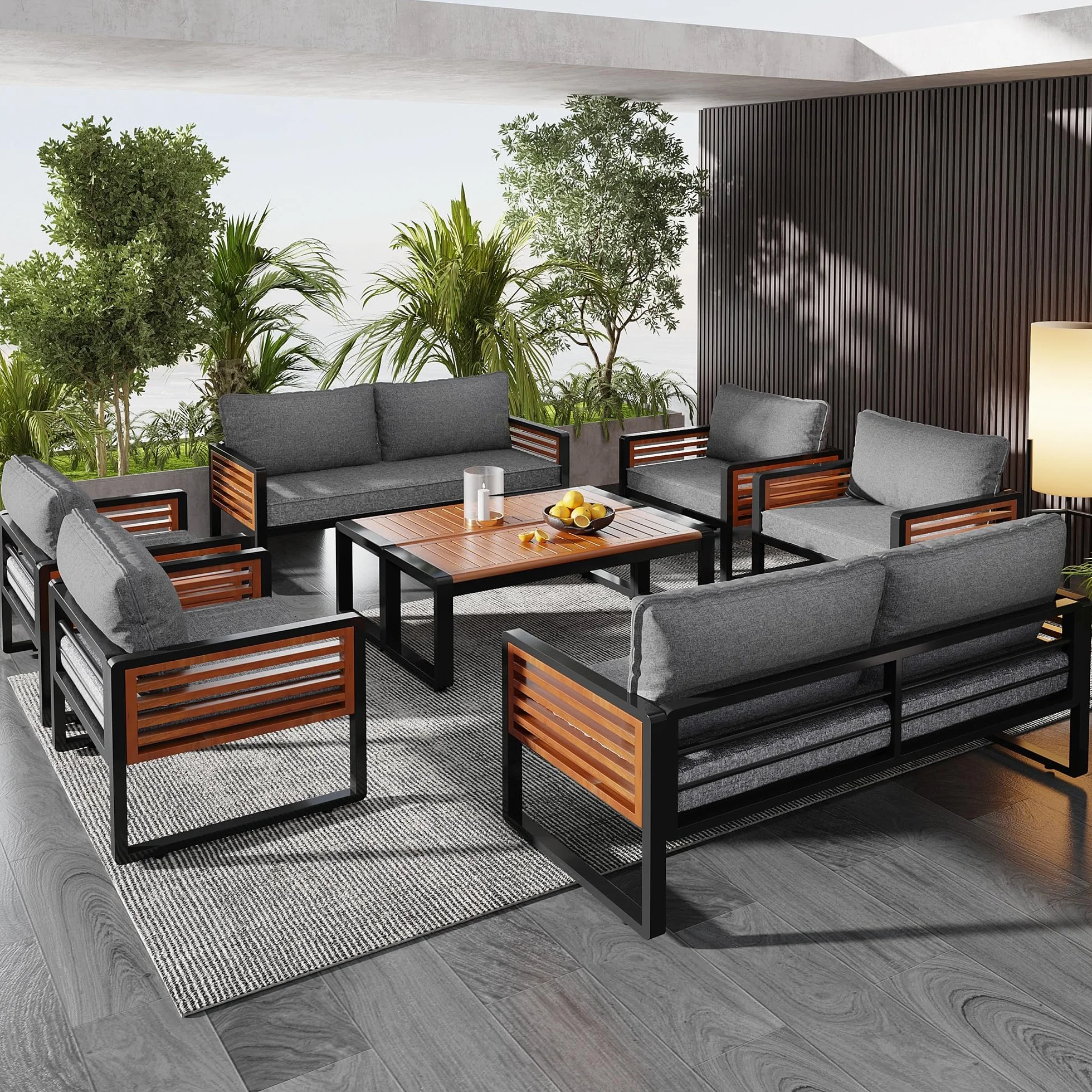 Zestaw mebli ogrodowych z ocynkowaną ramą żelazną, 8-częściowy zestaw stołów do jadalni, 2 x 2-osobowa sofa, 4 pojedyncze krzesła, 2 x stół, dekoracyjne podłokietniki z drewna (szary A, 8