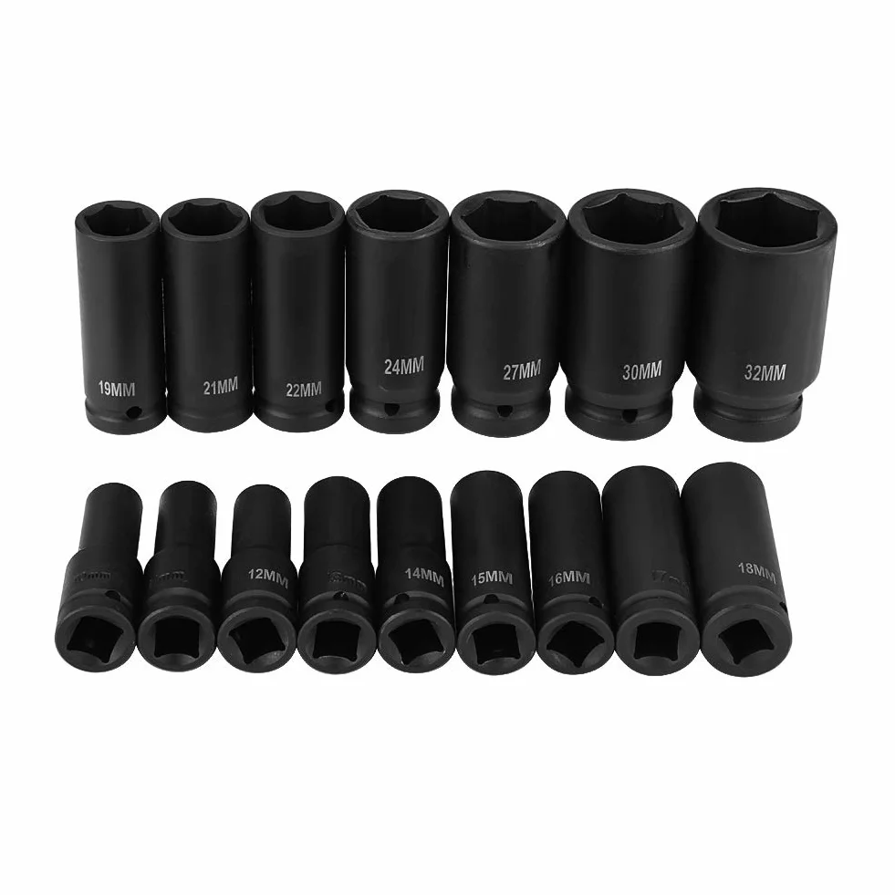 Drfeify Zestaw Nasadek Sześciokątnych, Stal Chromowo-molibdenowa 16 szt. 1 2-calowe Nasadki Pneumatyczne z Końcówkami Sześciokątnymi 10 Mm do 32 Mm, 6-punktowy Zestaw Narzędzi do Naprawy Poddanych