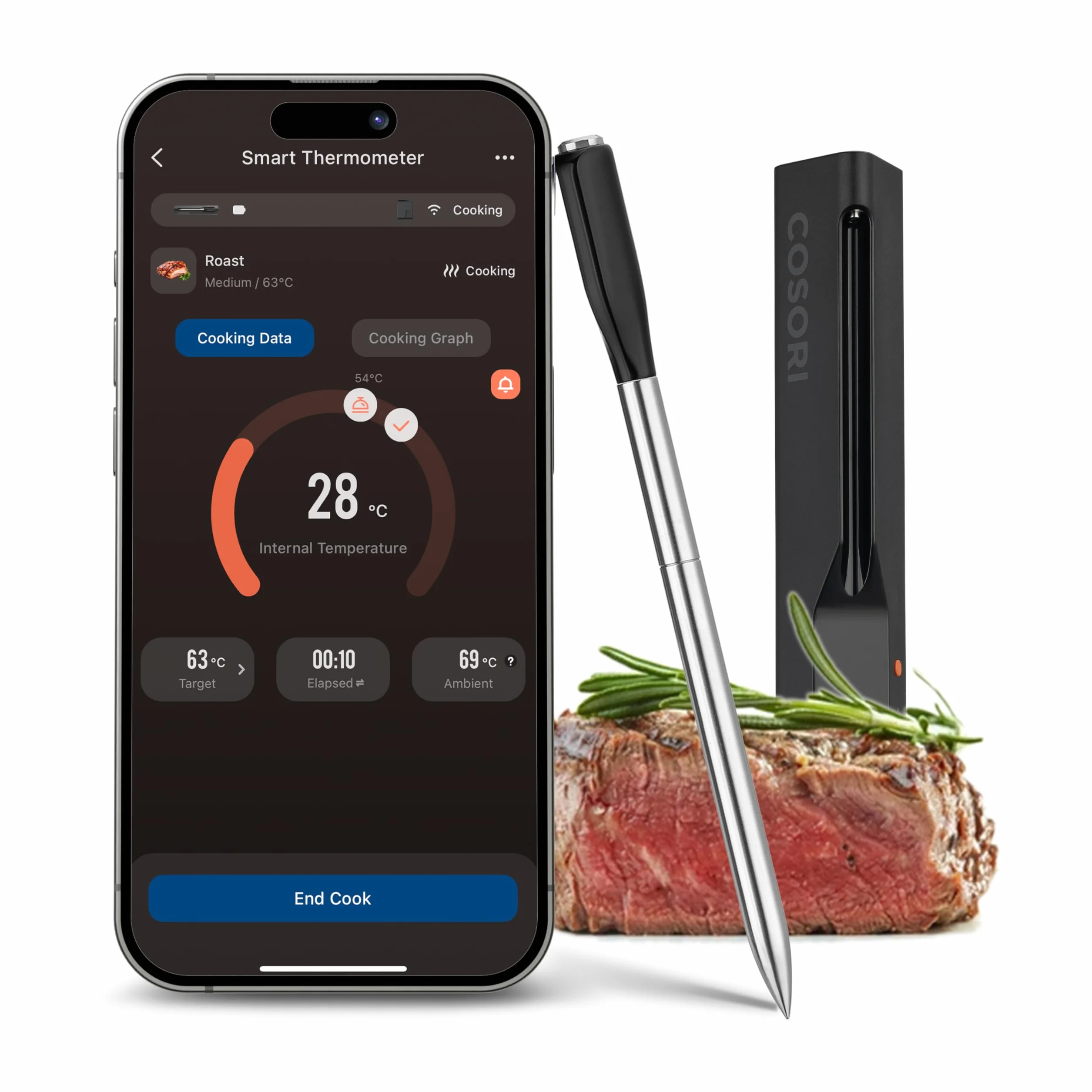 COSORI Bezprzewodowy termometr do mięsa Bluetooth do grilla i frytkownicy
