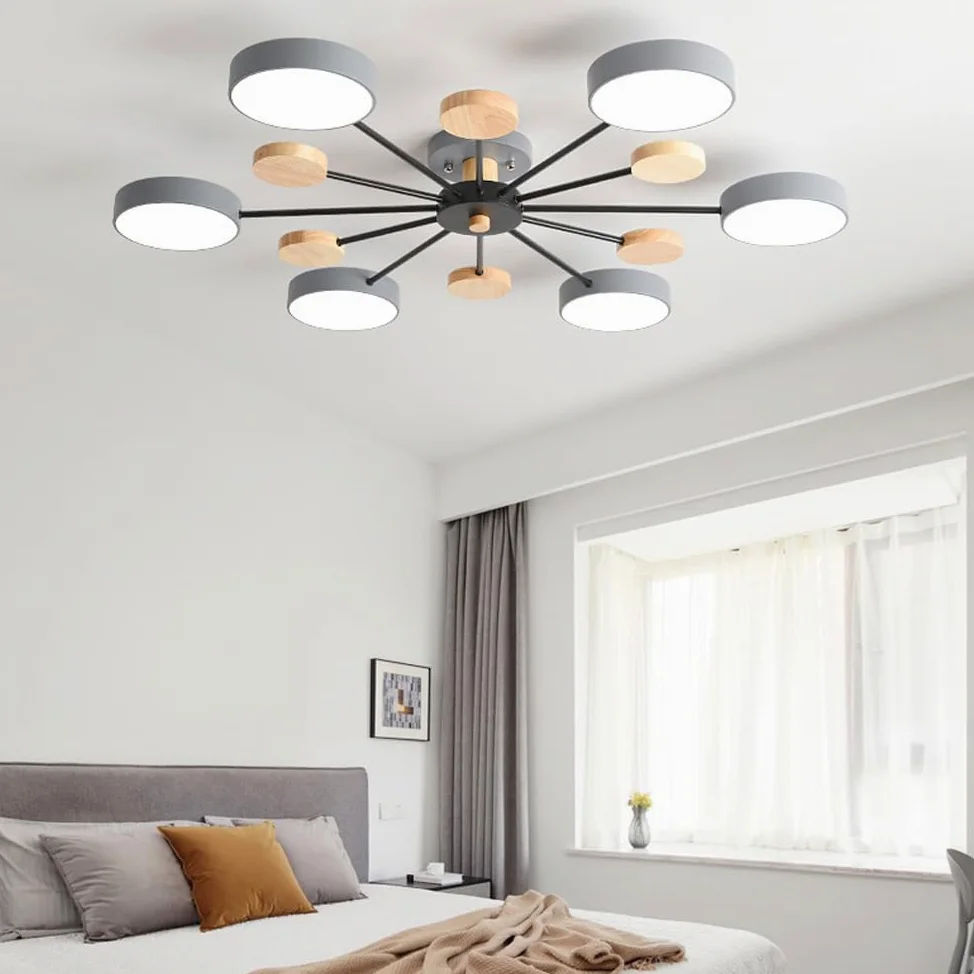 Lampa sufitowa Sputnik w nowoczesnym stylu z połowy wieku, 3 światła, biała, zielona i szara, drewniana lampa sufitowa inspirowana nordyckim stylem wiejskim. Okrągłe oświetlenie do sypialni