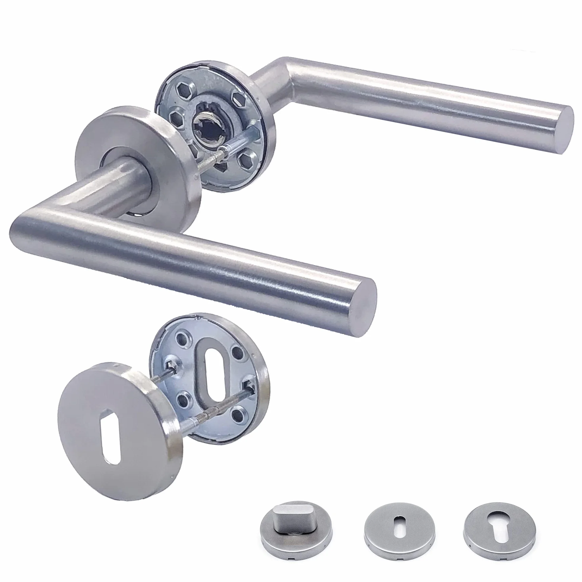 Klamki do drzwi APECS zestaw klamek do drzwi pokojowych INOX do drzwi wejściowych i wewnętrznych, okucia drzwiowe, okrągłe, zestaw rozet ze stali nierdzewnej, matowe, zestaw klamek WC | PZ | BB