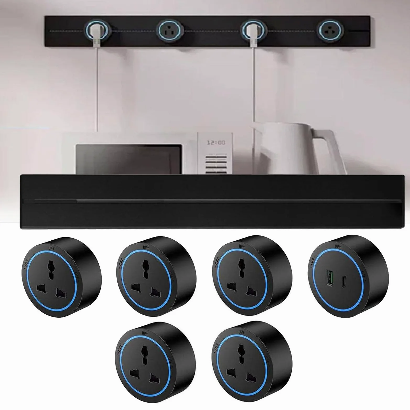 Listwa Zasilająca Montowana Na ścianie Z Odłączanym Adapterem Gniazdkowym, Listwa Z Gniazdami (Listwa I 5 Uniwersalnych Gniazd, 1 Gniazdo USB) Do Biura, Domu, Kuchni I Salonu Black-40CM