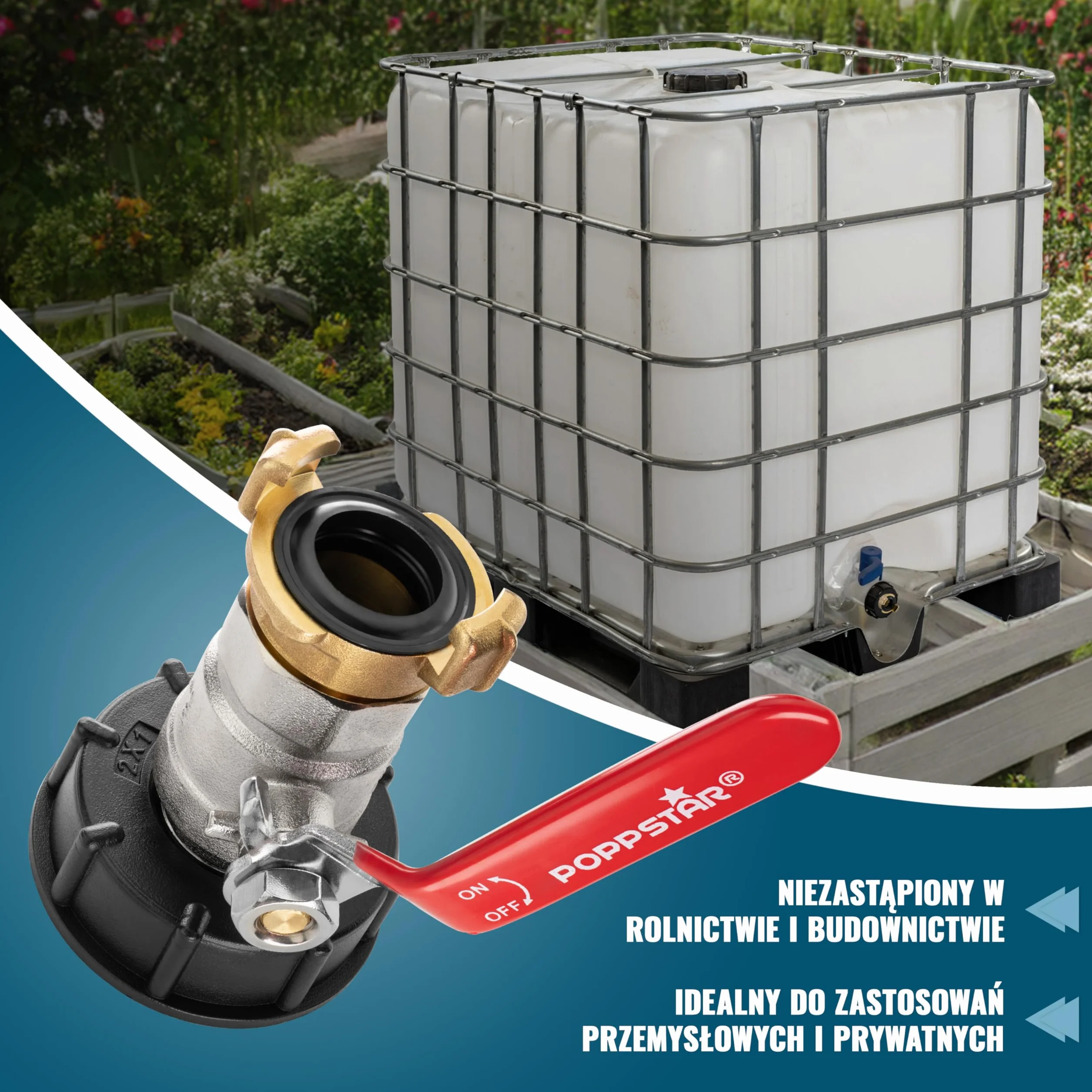 Poppstar zawór spustowy IBC 1 cal (przyłącze do zbiornika IBC S60x6, szybkozłącze kłowe 40 mm (pasujące do systemu Geka))