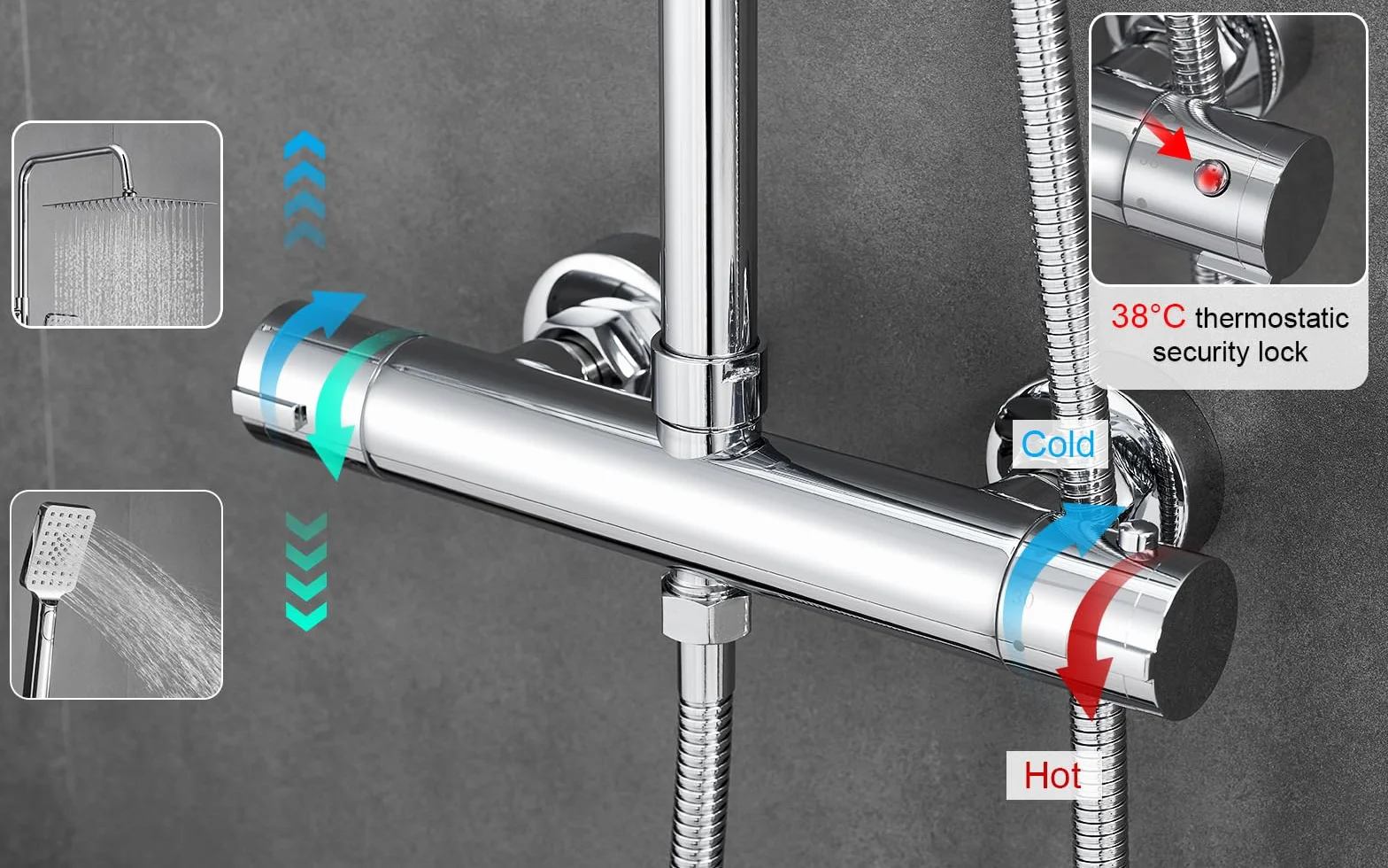 BONADE System prysznicowy z termostatem, deszczownica, ze stali nierdzewnej 304, kompletny zestaw z termostatem prysznicowym, regulowany uchwyt ścienny, deszczownica 30 cali, zestaw armatury wannowej