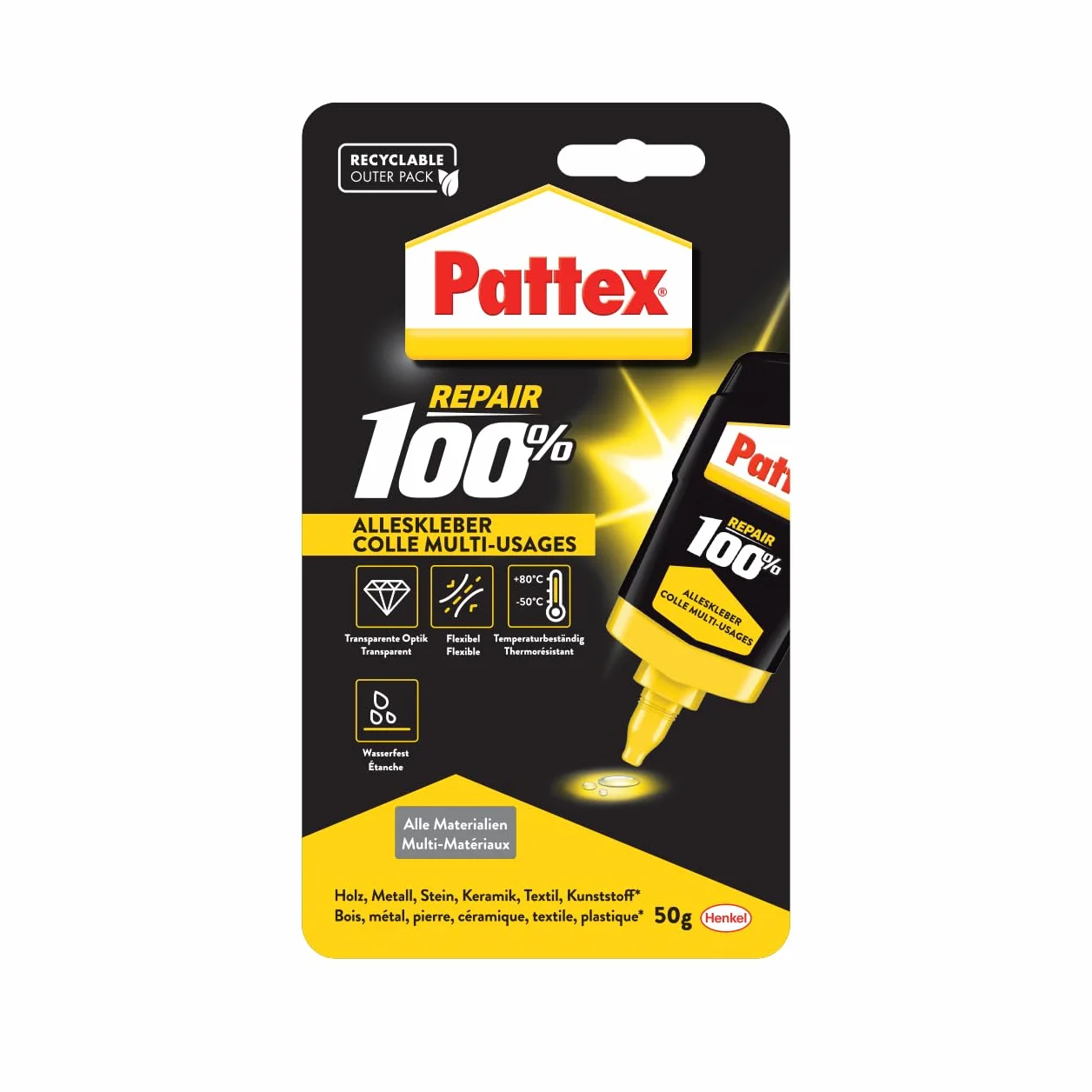 Pattex Repair 100-procentowy klej uniwersalny, odporny na wysoką temperaturę, do stosowania wewnątrz i na zewnątrz, 50 g kleju do naprawy różnych materiałów
