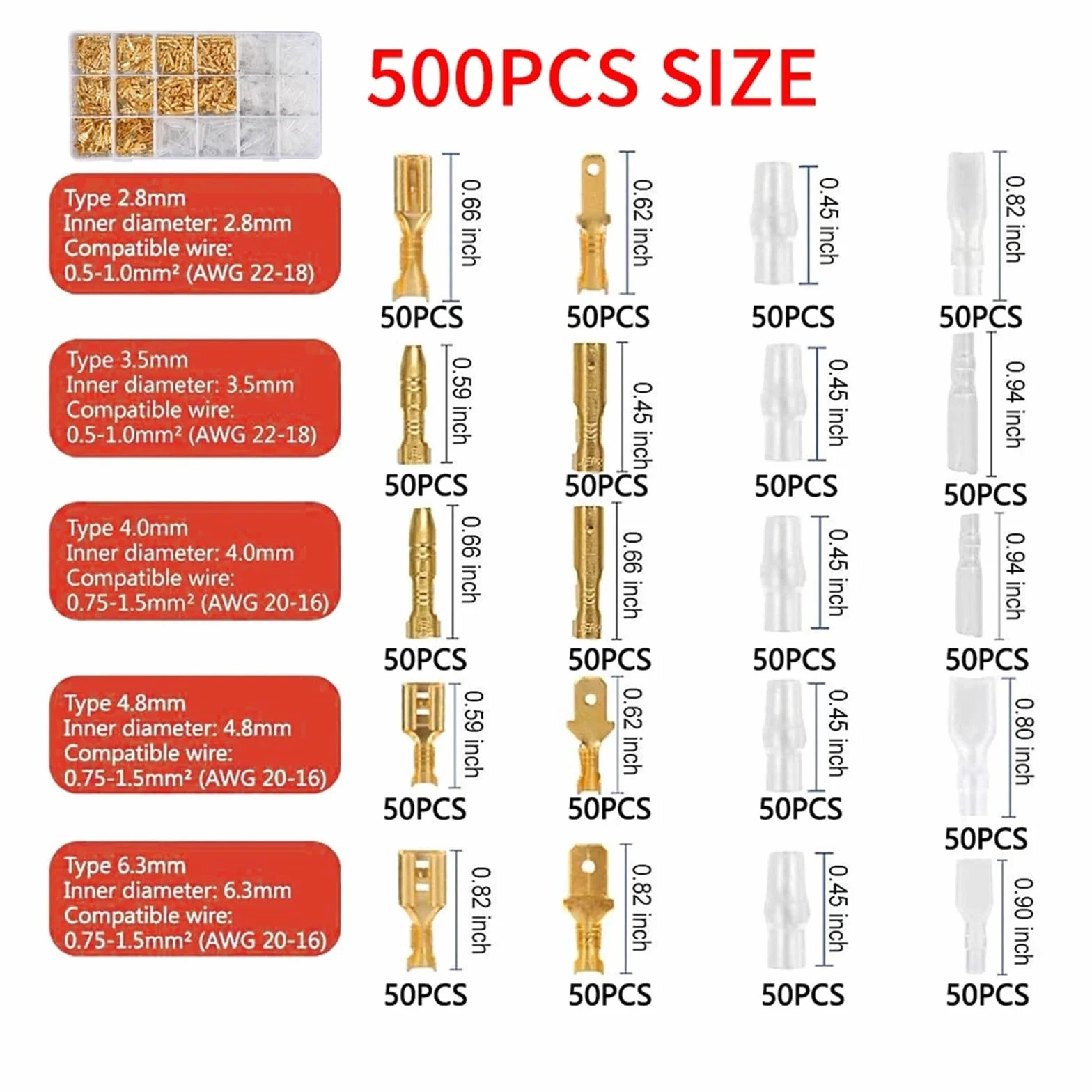 Wire Terminal Crimping Tools Kit,Ratcheting Crimp Plier 500 Female Male Spade Connectors&Bullet Terminals Set Hand Crimper(SN-58B)