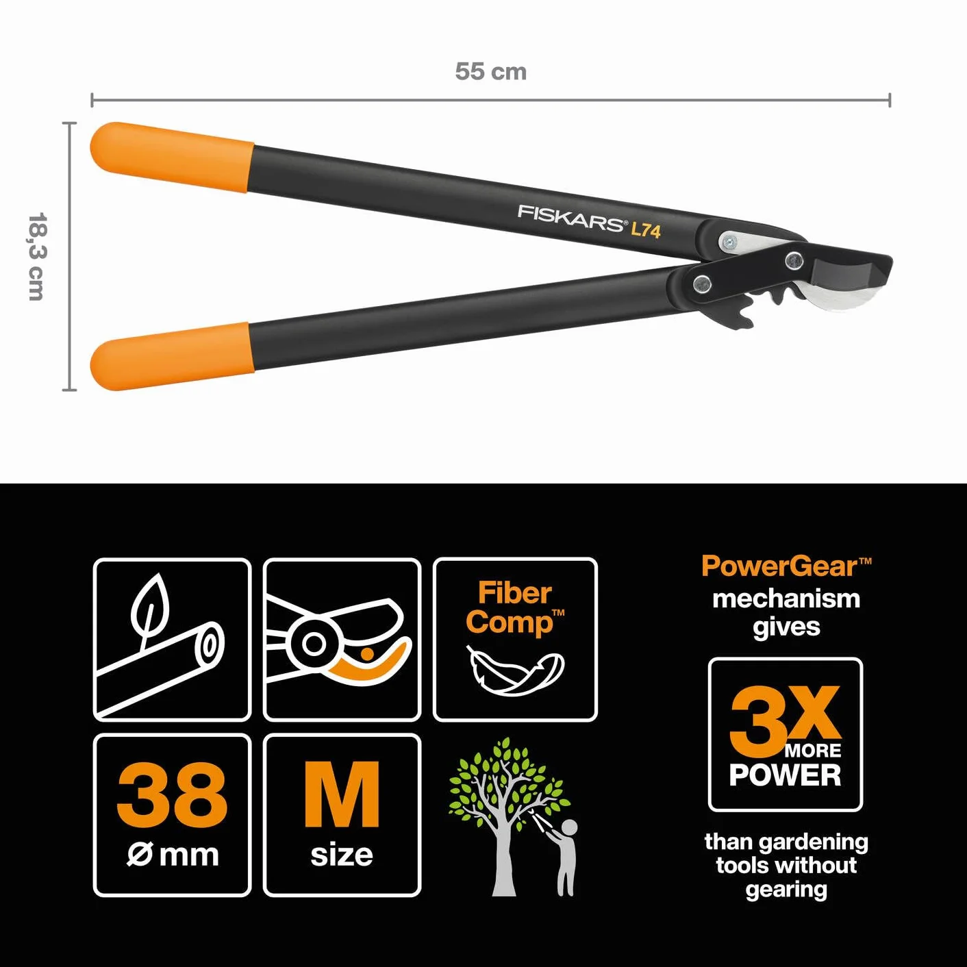 Fiskars Powergear Sekator L74, Czarny, Ø 3,8 cm