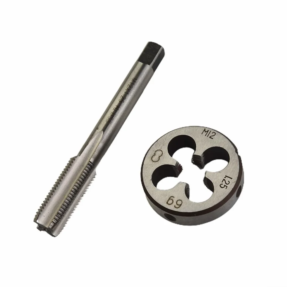 Zestaw gwintowników i narzynek, gwintowniki i narzynki do gwintów okrągłych, gwintowniki HSS HSS metryczne prawe 12 mm x 1,25 mm i zestaw narzynek M12 x 1,25 mm do polerowania DIY