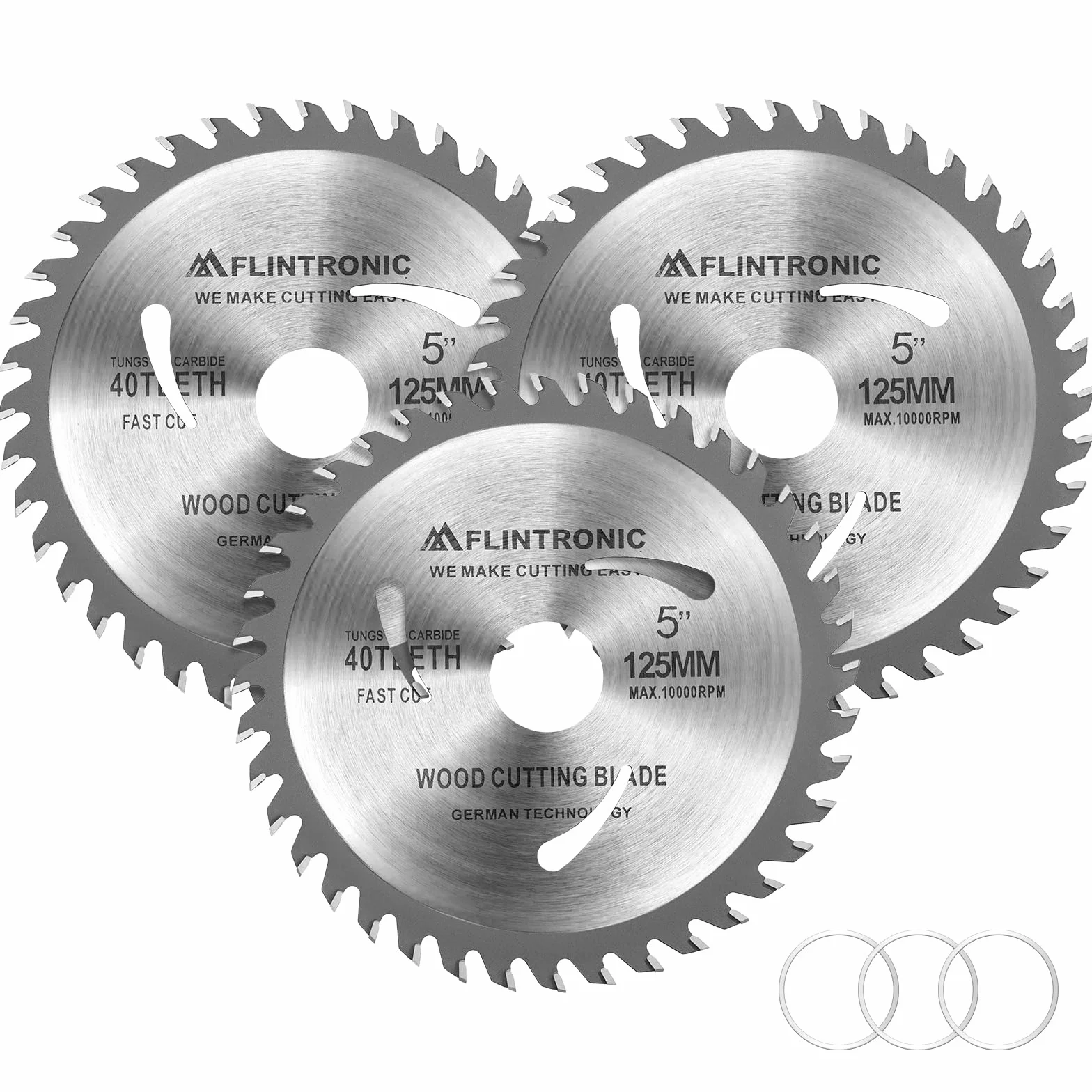 Flintronic 3-częściowy brzeszczot do piły 125 mm do szlifierki kątowej, brzeszczot do piły tarczowej 125 x 22,2 mm, 40 zębów wielopłaszczyznowe cięcie drobne, do aluminium, miedzi, metali nieżelaznych