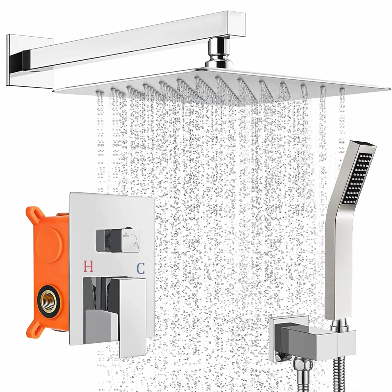 System prysznicowy podtynkowy, armatura prysznicowa, zestaw z deszczownicą 30 x 30 cm, słuchawka prysznicowa, armatura podtynkowa, montaż ścienny, zestaw prysznicowy z wysokiej jakości stali