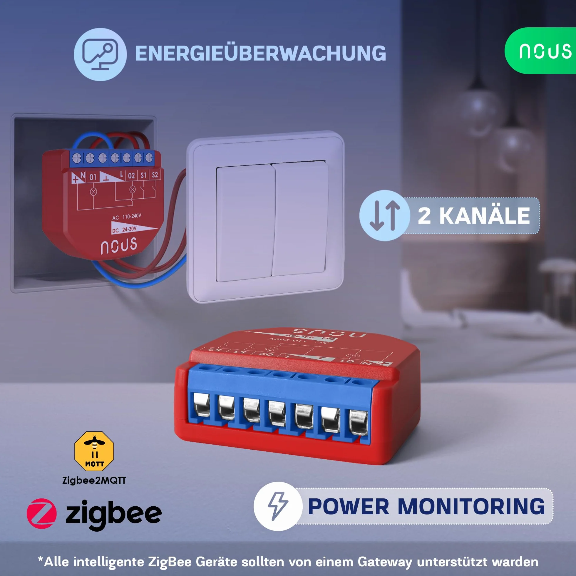 NOUS ZigBee Smart Switch moduły z pomiarem mocy, 2 kanały, AC 16 A/DC 10 A, suche styki, wymagany koncentrator 3.0, kompatybilny z Alexa, Zigbee2MQTT, Google Assistant, Home Assistant, Tuya