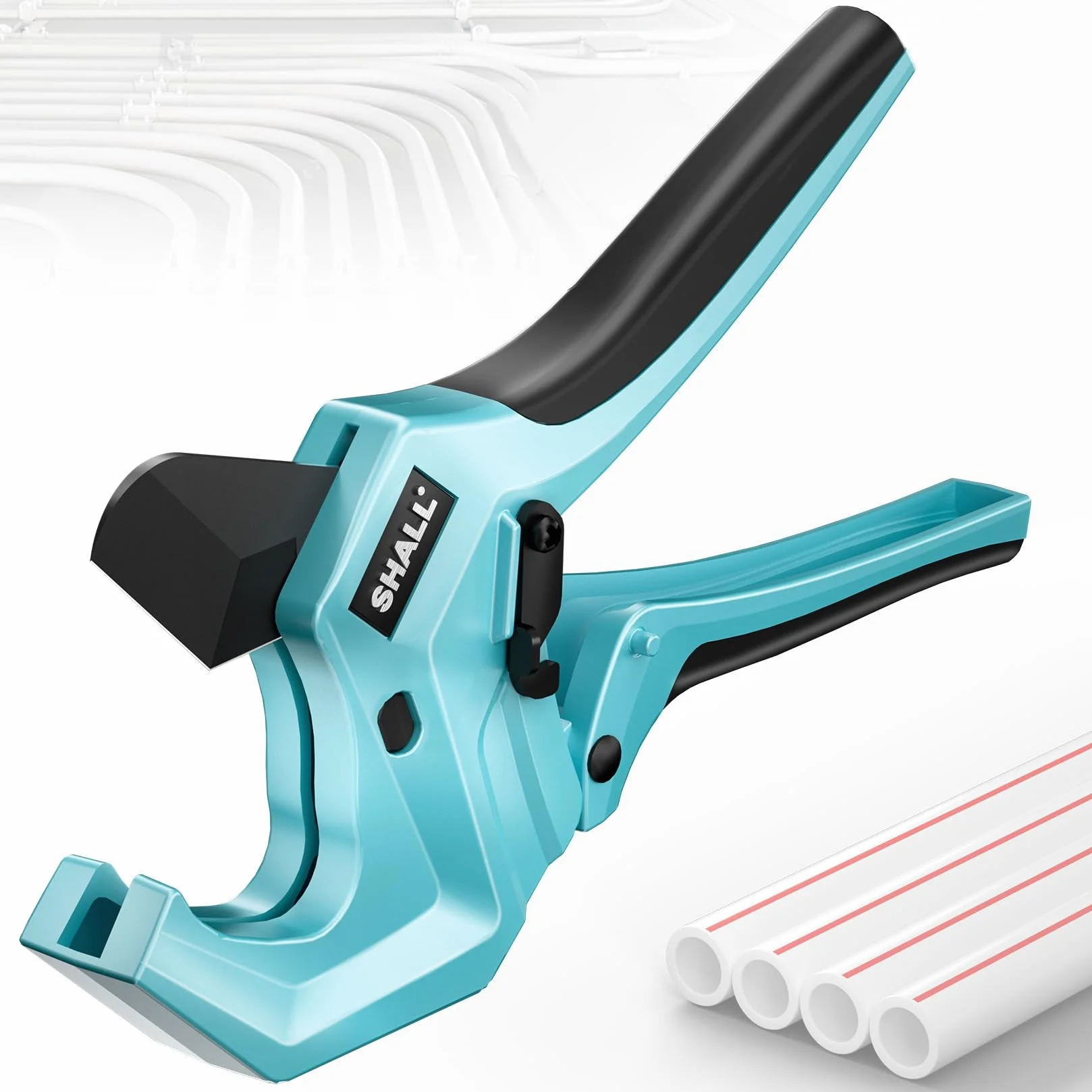 SHALL Obcinak do rur z PVC do 63 mm, wytrzymałe aluminiowe narzędzie do cięcia rur z grzechotką do PVC, PPR, PE, PEX, węży z tworzywa sztucznego i rur hydraulicznych, z wysokowydajnym ostrzem SK5