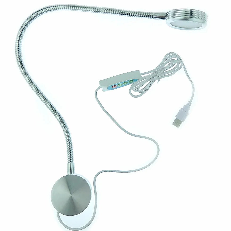 QUANS 3 zmienne kolory, 10-poziomowa ściemniana, elastyczna gęsia szyja, montowana na ścianie, lampka nocna LED do czytania z portem USB (3 kolory, 10-poziomowa (srebrna))