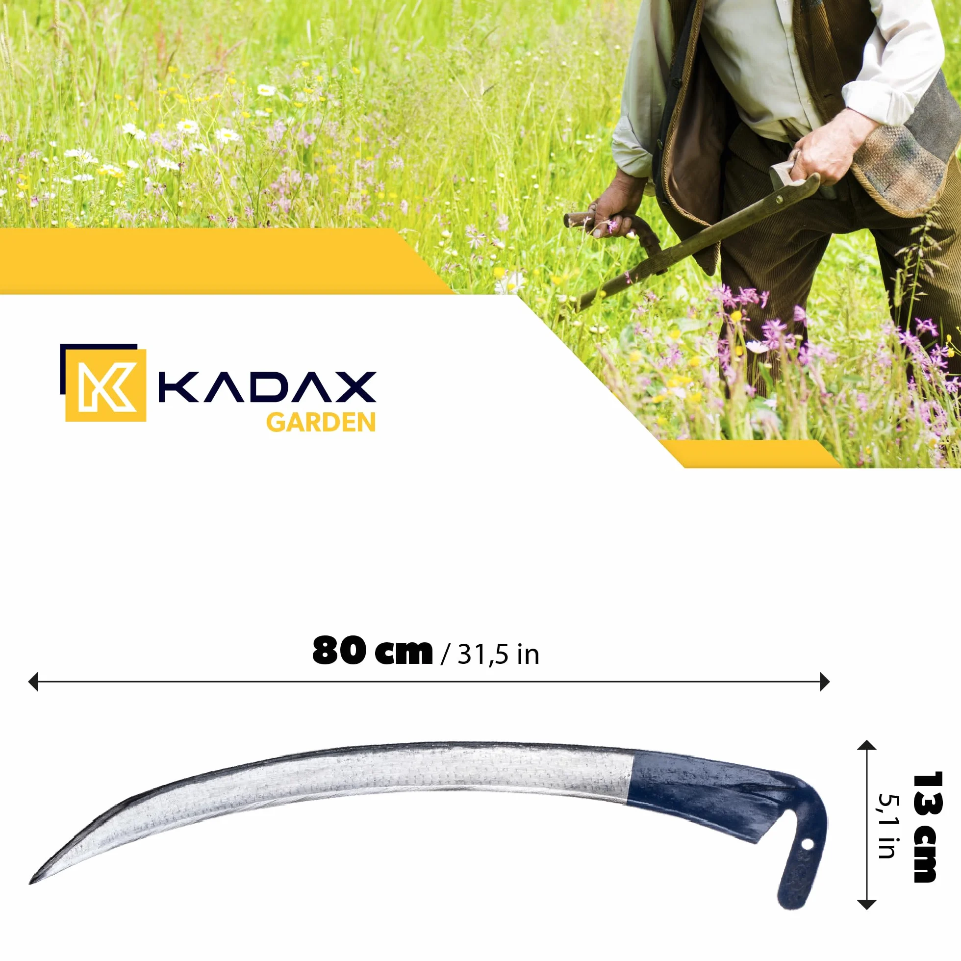 KADAX Kosa ręczna 80cm metalowa, składana konstrukcja, pewny chwyt, do wykaszania traw i chwastów na działce i w ogrodzie