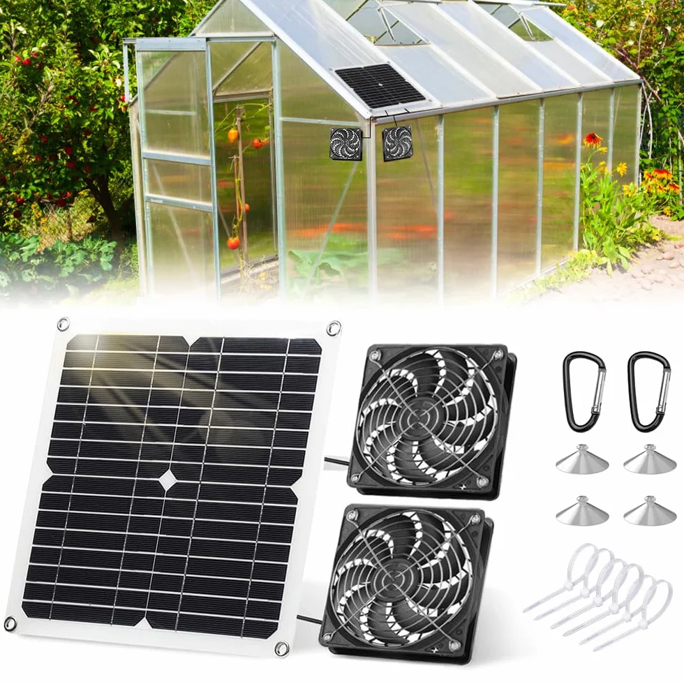 wentylator solarny 12 W, 2 sztuki, wentylator solarny z kablem o długości 3 m, wodoszczelny IP65, podwójny wentylator wydechowy, wentylator solarny do szklarni, kurnika, domku ogrodowego, szopy