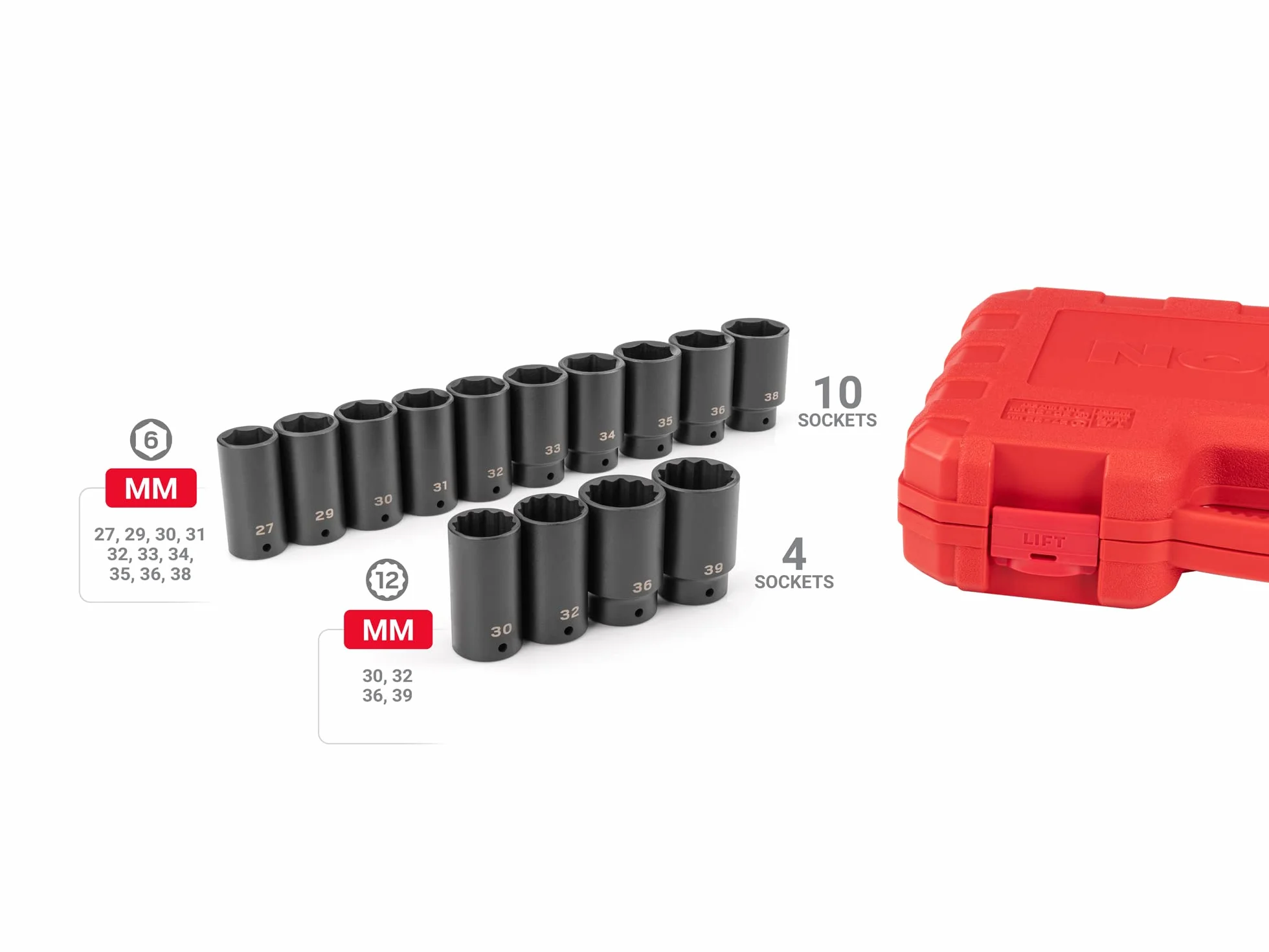 TEKTON 6-punktowy i 12-punktowy zestaw nasadek udarowych do napędu 1/2 cala z obudową, 14-częściowy (27-39 mm) | SID92341