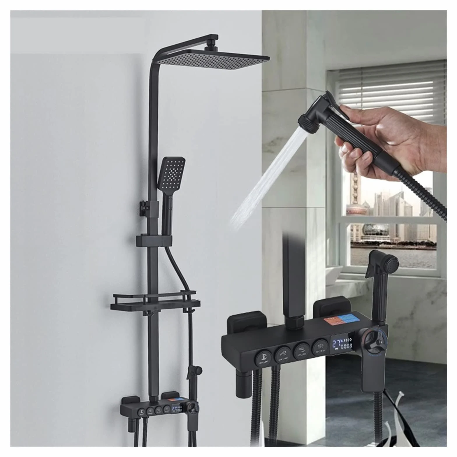 LCD cyfrowy czarny system prysznicowy do łazienki zestaw bateria termostatyczna do łazienki System z 4-kierunkowym zestawem kranów prysznicowych z deszczownicą Mixer Tap(Hold-Cold Black A)