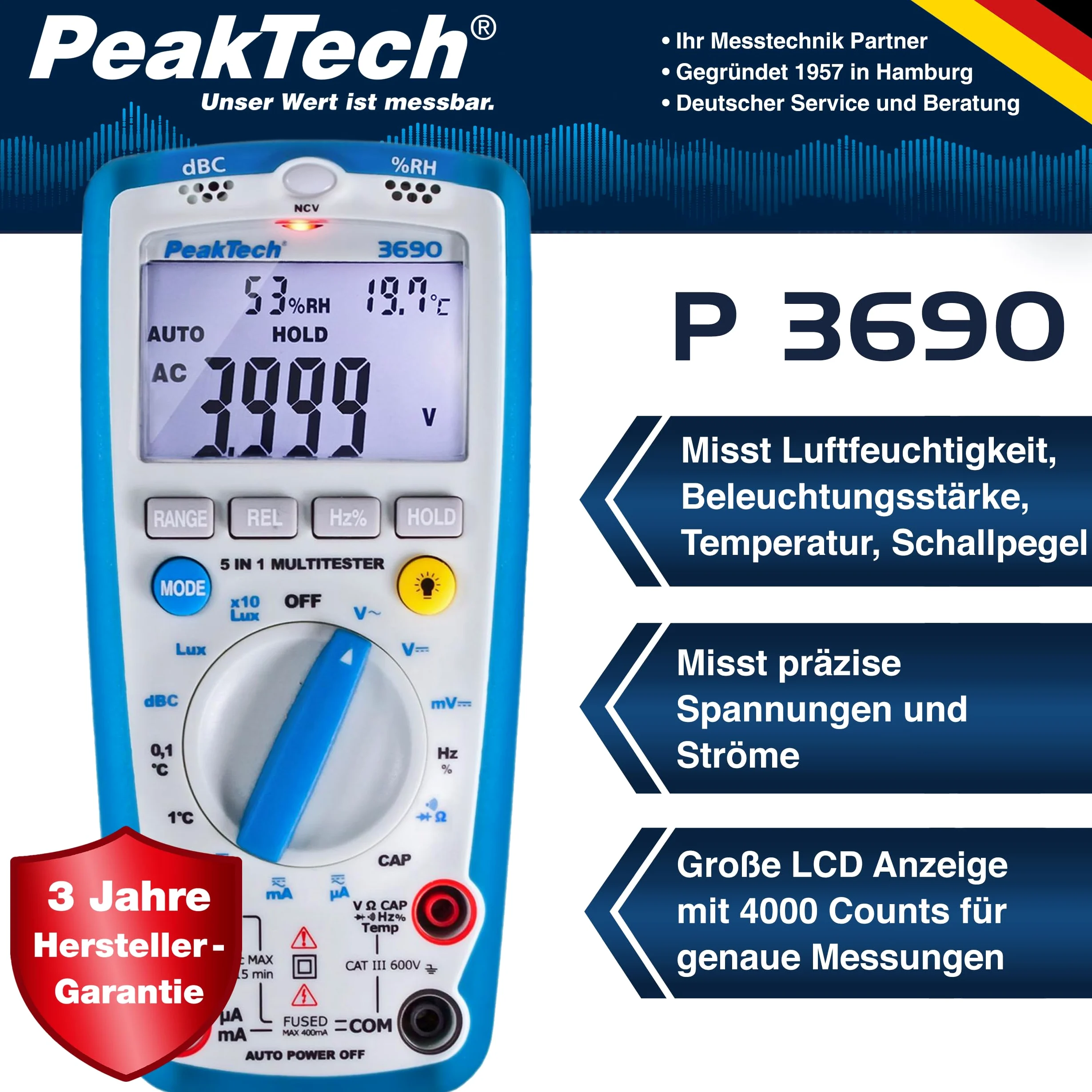 PeakTech P 3690 - Cyfrowy Multimetr ~ 4.000 zliczeń ~ z Miernikiem poziomu dźwięku, temperatury, wilgotności względnej i luksów