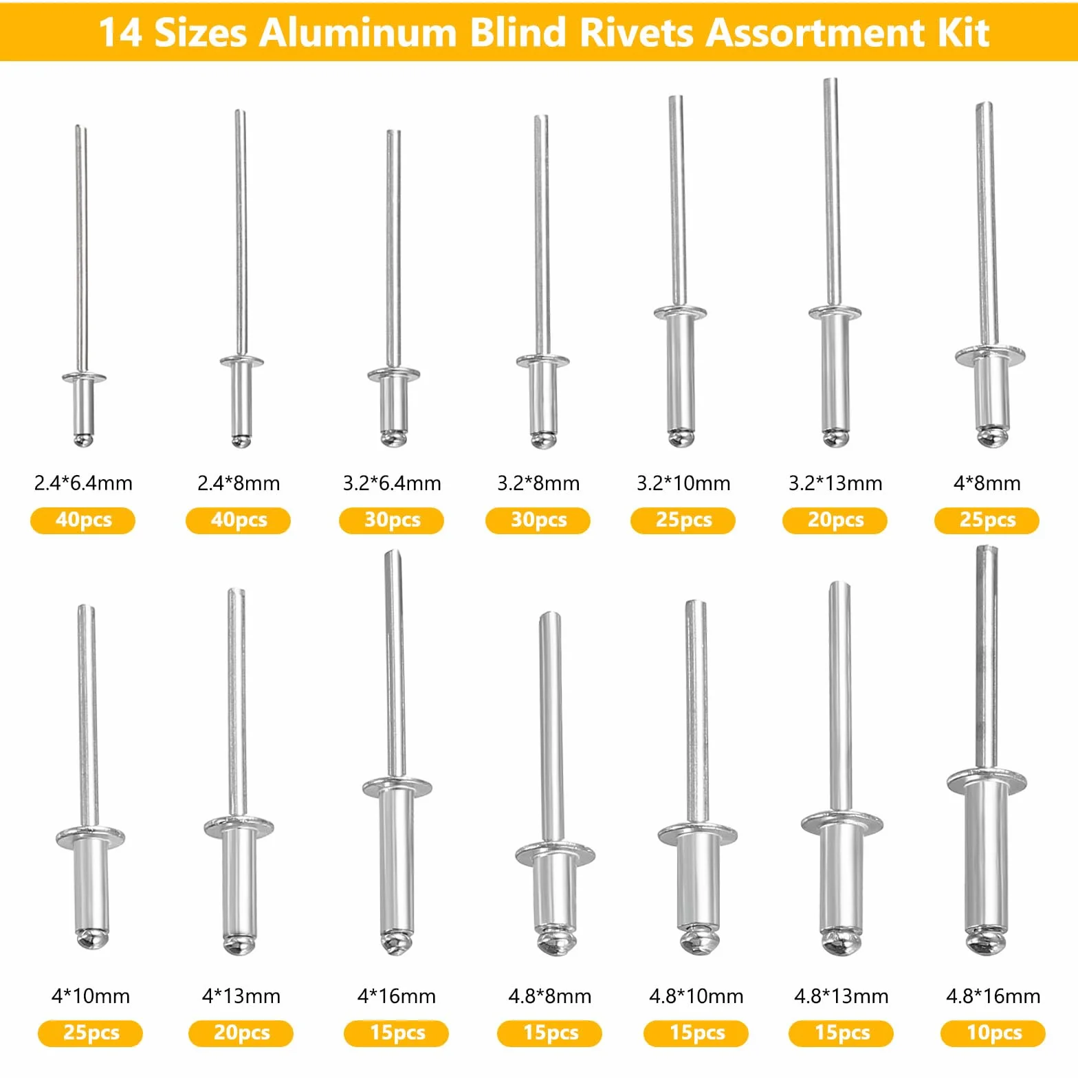 Asortyment 325 sztuk nitów Pop, aluminiowe nity z otwartym końcem, do metalu, drewna, tworzywa sztucznego (2,4 mm, 3,2 mm, 4 mm, 4,8 mm)