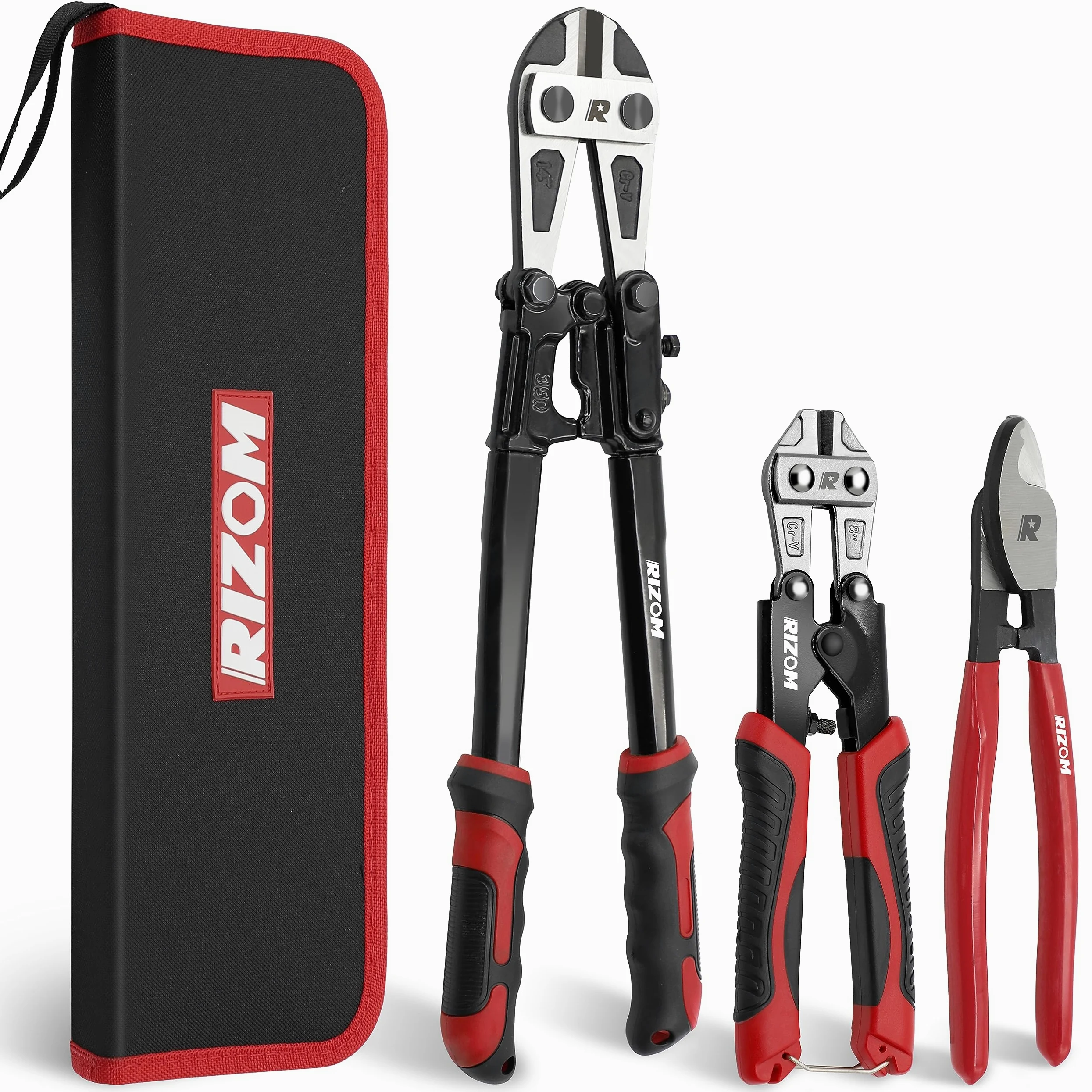 RIZOM 3-częściowy zestaw szczypiec do śrub, 35 cm, do dużych obciążeń, mini obcinacz do śrub 20 cm, przecinak do kabli 20 cm, z torbą do przenoszenia, ostrze Cr-V do cięcia zamków, drutu stalowego,