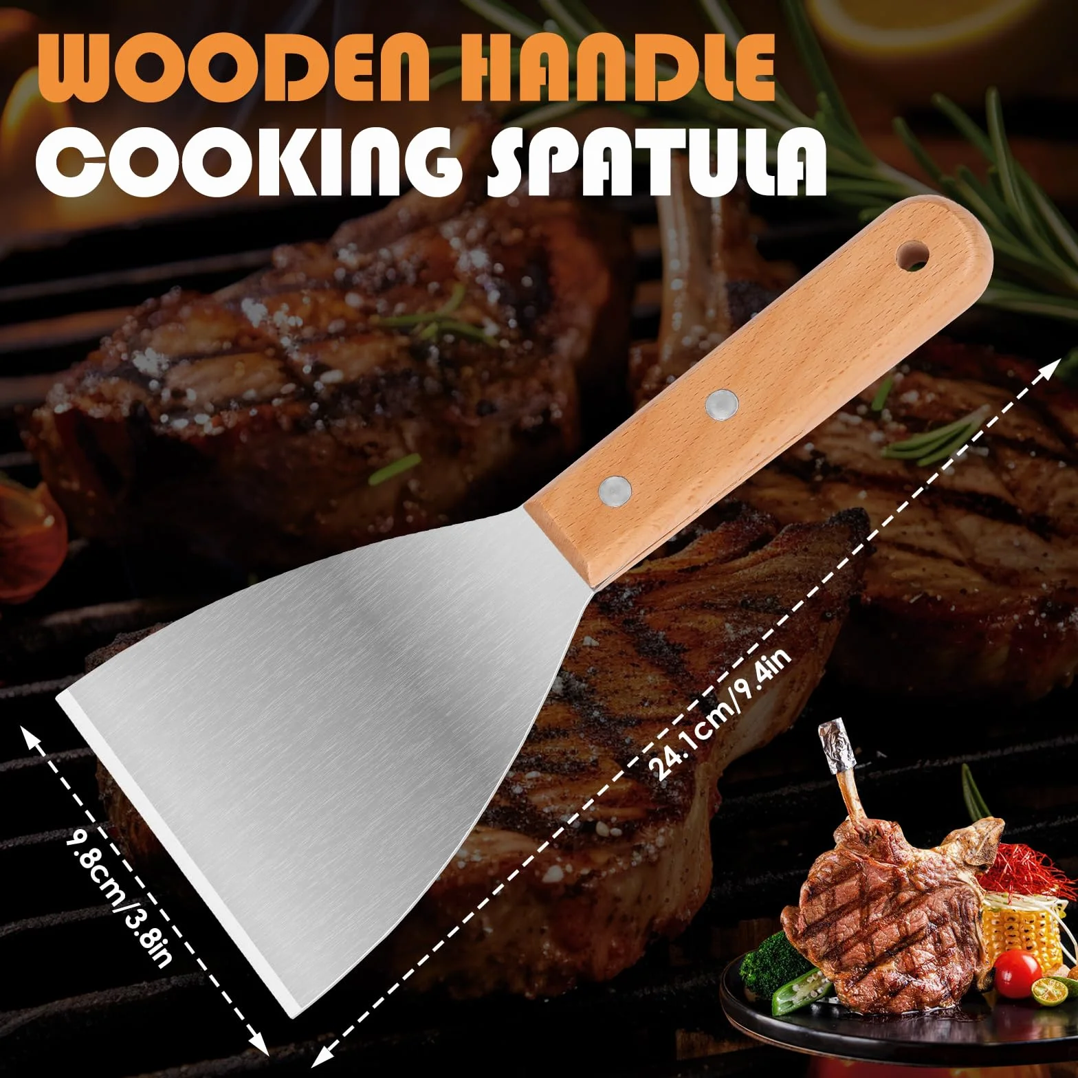 Zestaw łopatek do grilla ze stali nierdzewnej, zestaw łopat do grilla z drewnianym uchwytem, zestaw sztućców do grilla, narzędzie BBQ, obrotnica do burgerów, łopatka do plancha, łopatka do patelni do