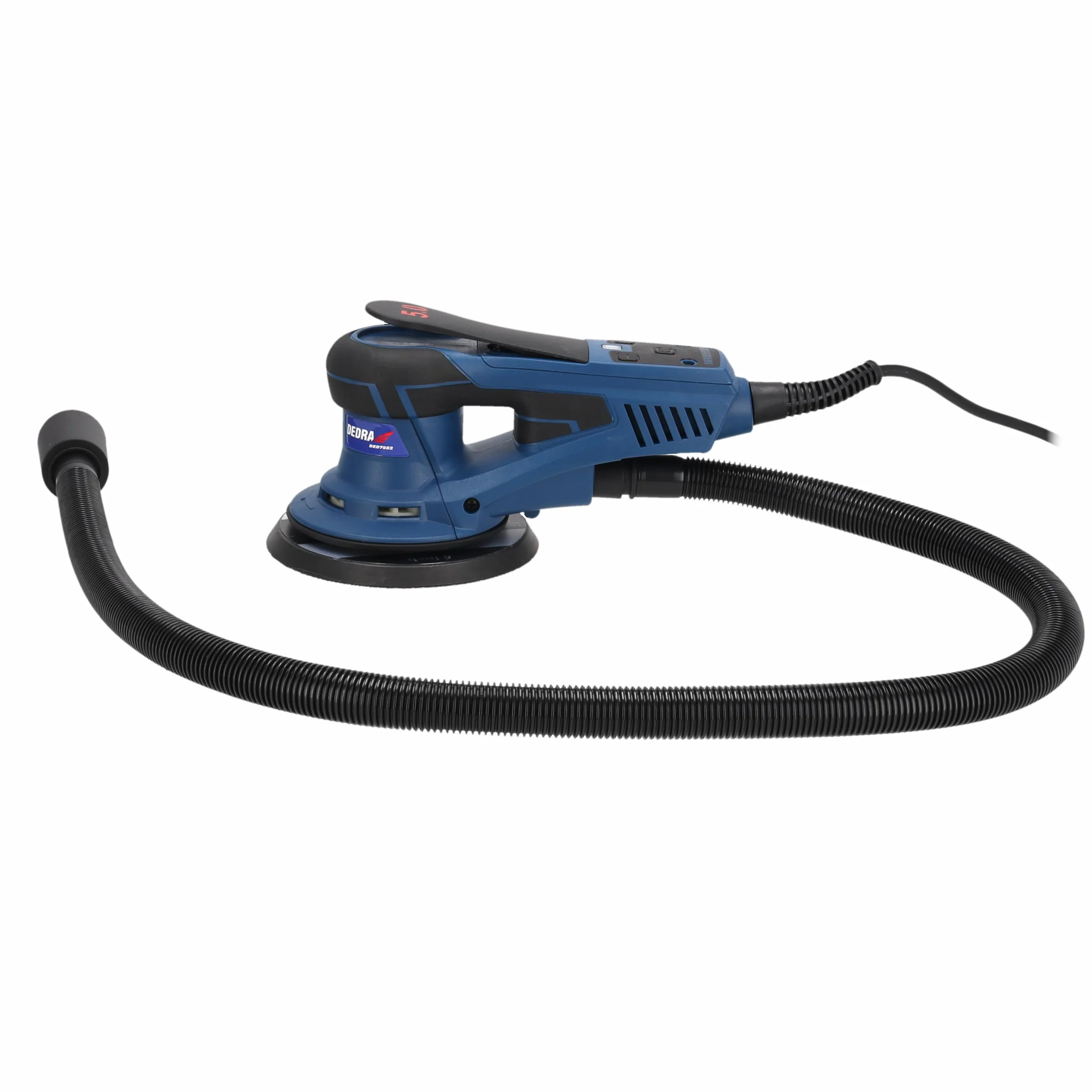 Szlifierka mimośrodowa DEDRA 350 W, Ø 150 mm – bezszczotkowa, regulowana prędkość obrotowa 4000-10000 obr./min, odsysanie pyłu, ergonomiczny design z miękkim uchwytem, w zestawie zestaw akcesoriów