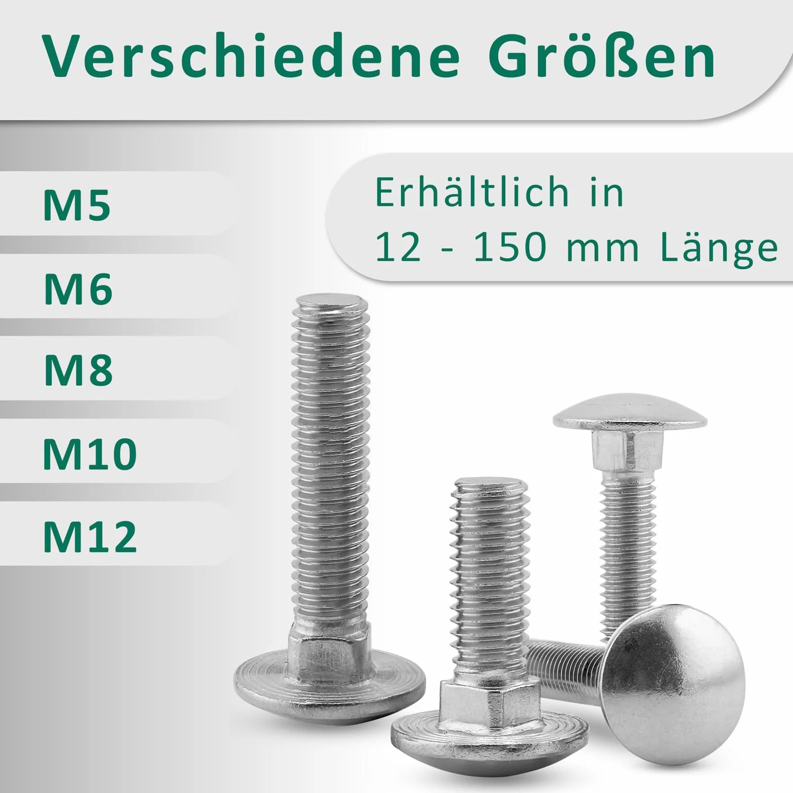DSM – śruby zamkowe M12 x 65 mm zgodnie z normą DIN 603 – nakrętki DIN 1587 – stal szlachetna A2/V2A – pełny gwint – śruby z łbem płaskim z nasadką czworokątną – nakrętki kopułowe – wysoki kształt