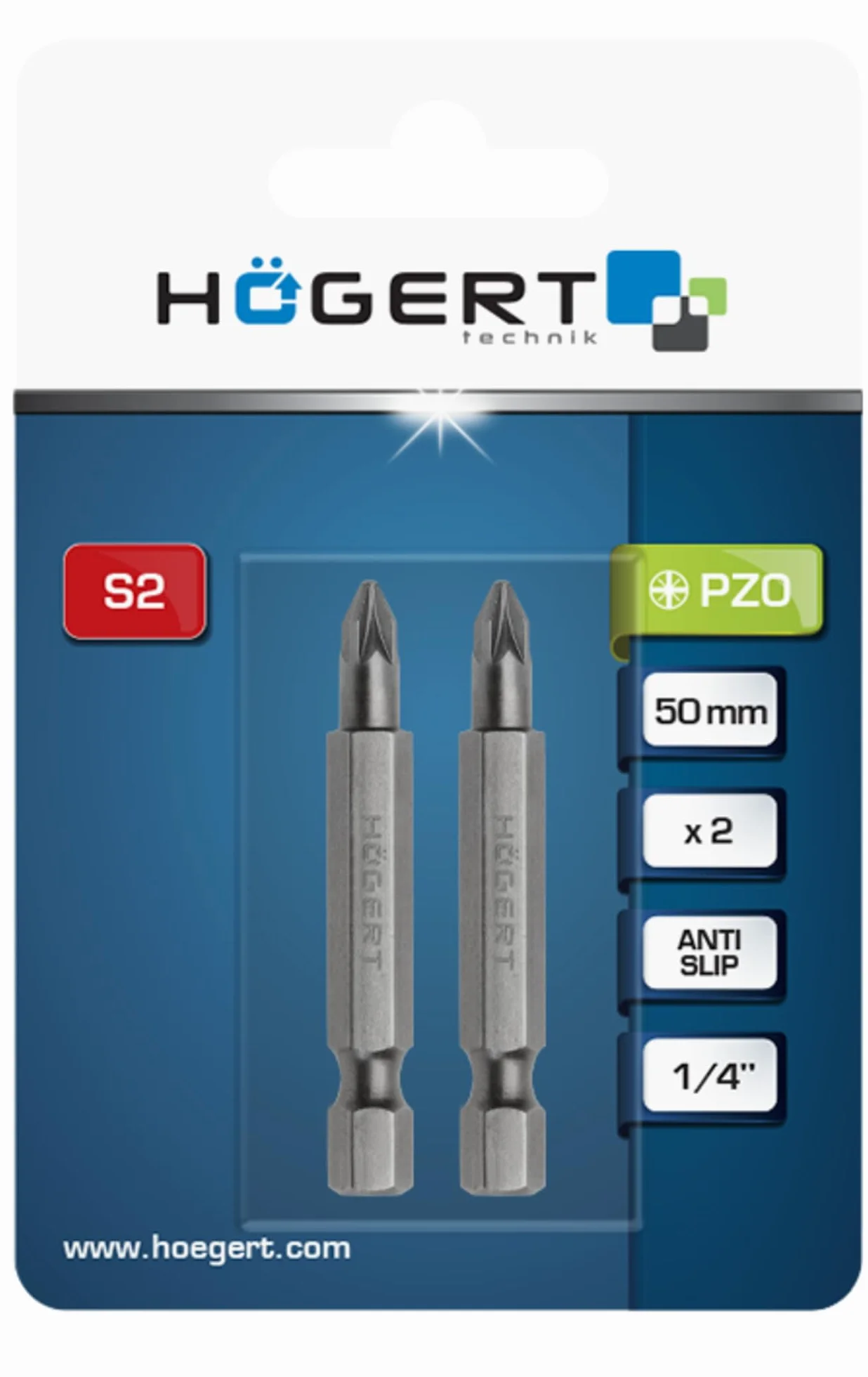HÖGERT TECHNIK PZ0 bity wkrętakowe 50 mm, 2 sztuki, stal S2, system antypoślizgowy, HRC 58–61, trzpień sześciokątny 1/4", DIN 3126, precyzyjne bity Pozidriv do warsztatu i budownictwa