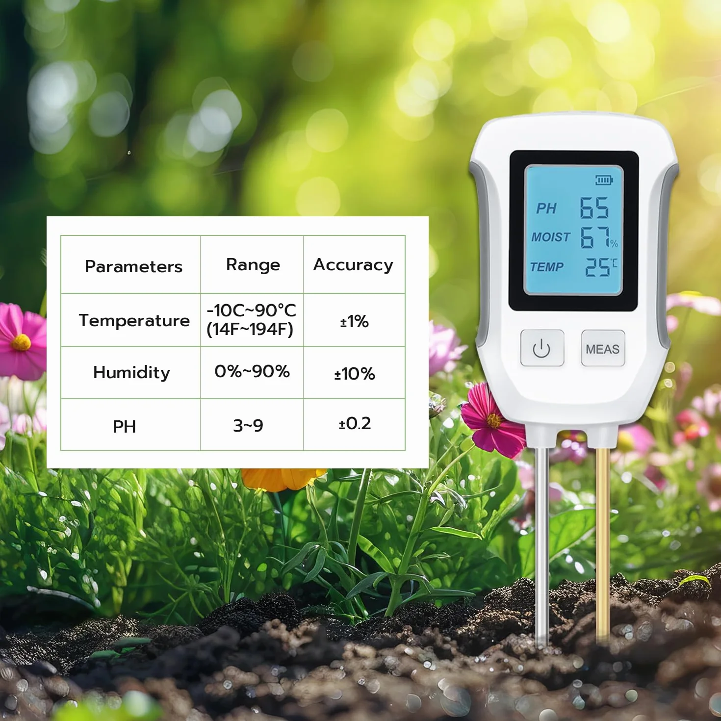 Wigearss 3 w 1 Miernik Gleby, Cyfrowy Tester pH, Tester Wilgotności i Światła z Podświetlanym Wyświetlaczem LCD do Ogrodnictwa, Rolnictwa, Roślin Outdoor