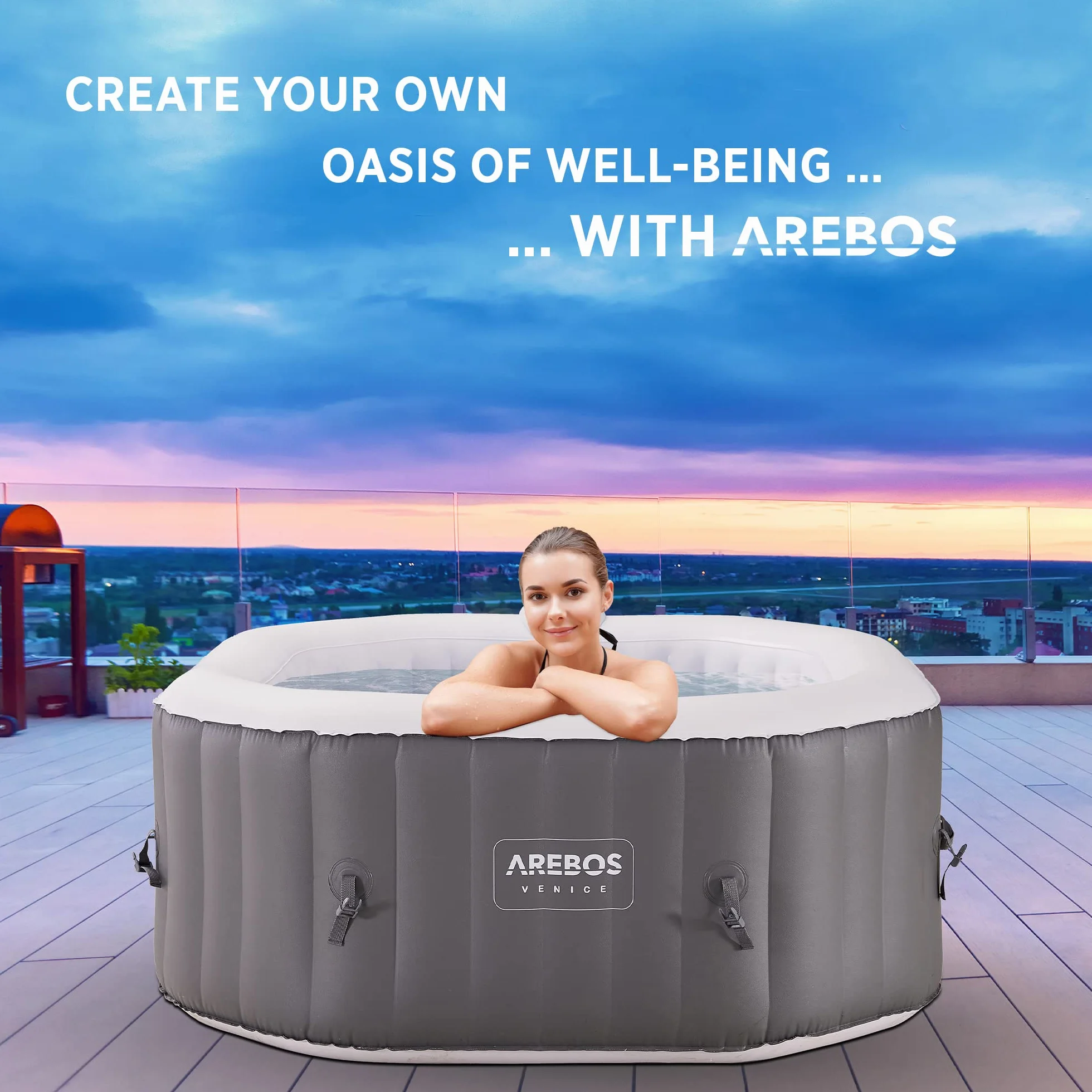 Arebos Whirlpool Pure | Nadmuchiwany | do wewnątrz i na zewnątrz | 154 x 154 cm | 4 osoby | 110 dysz do masażu | z ogrzewaniem | 600 litrów | w zestawie pokrywa | Bubble Spa & Wellness masaż
