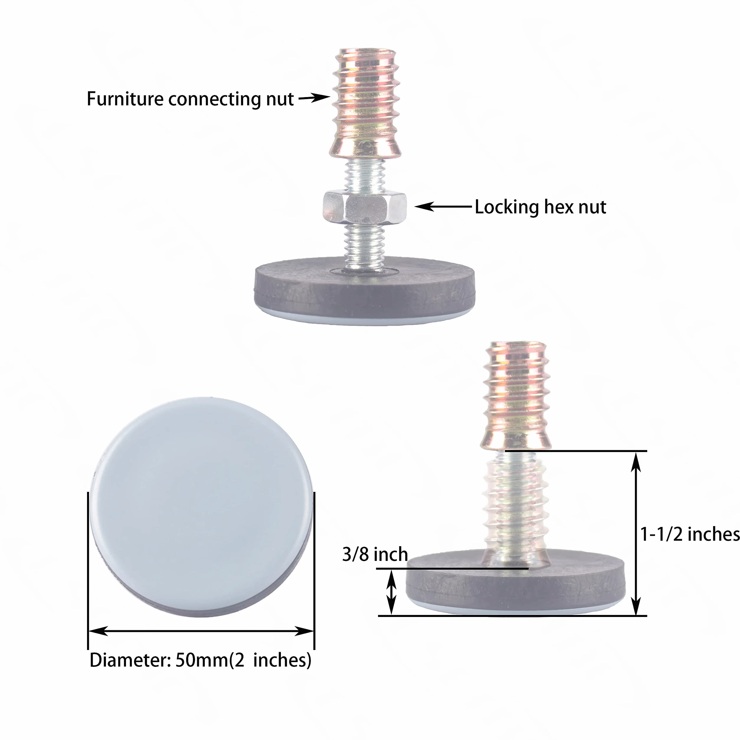 Niwelator do mebli PTFE (teflon) spód (50 mm duża podstawa 3/8-16,8 szt.), podkładki do regulacji chwytu gwintowanego, stół/krzesło/szafka/sofa, średnie regulowane poziomowanie nóg, montaż