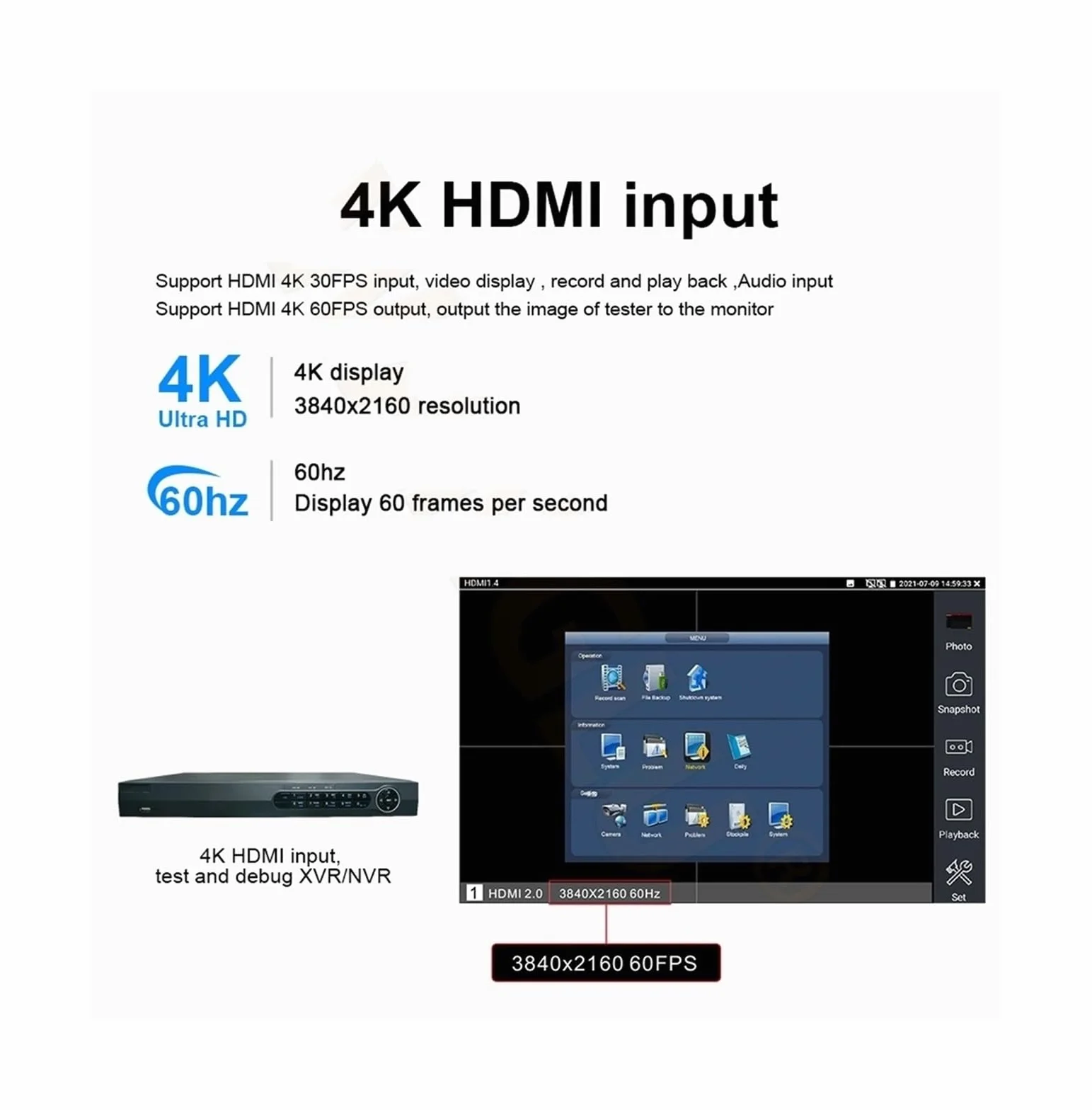 Tester CCTV, 7-calowy 8K tester CCTV H.265 Wielofunkcyjny | Z moduł optyczny SFP AHD CVI TVI SDI Generator pasków kolorów w jednym monitorze testowym do testowania kamer CCTV i IP.
