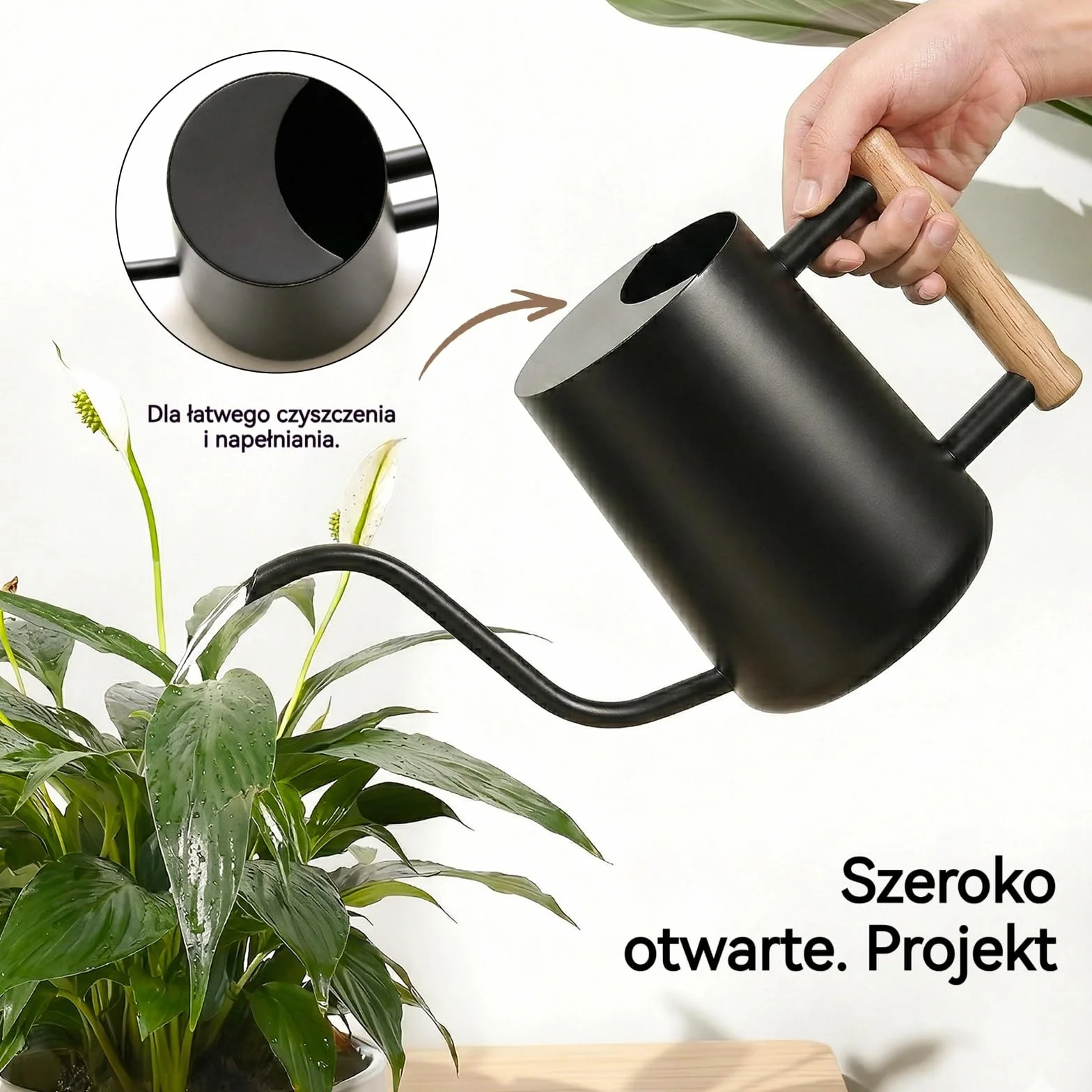 Bamworld Konewka ze Stali Nierdzewnej 1L z Drewnianą Rączką, Niekapający Długi Dzióbek, Czarna