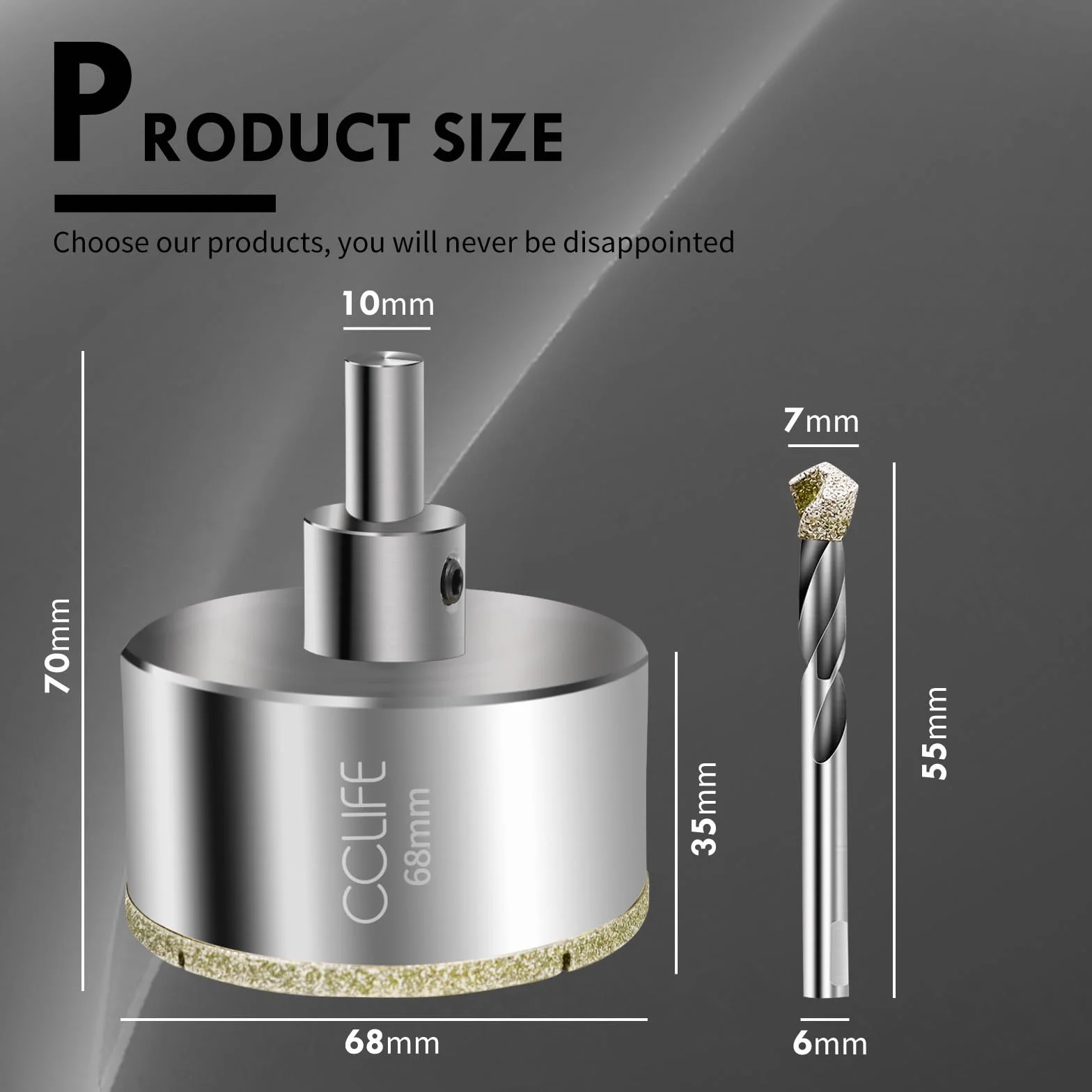 CCLIFE diamentowe wiertło, 68mm diamentowa otwornica z wiertełkiem osiowym, stal węglowa 45#, wiertło do szkła z powłoką diamentową do ceramiki, granitu, szkła
