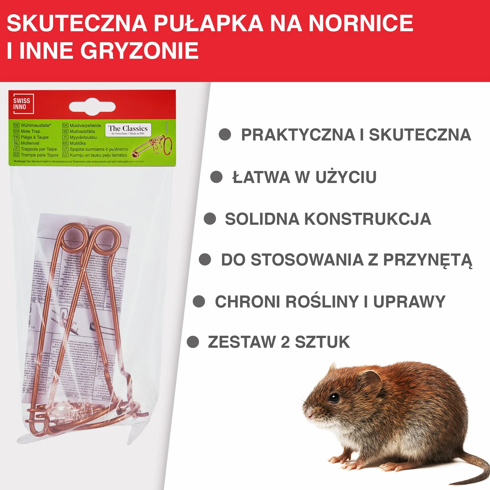 SWISSINNO Druciana Pułapka na Nornice Classic Zestaw 2 szt. Tradycyjna Bawarska Pułapka Druciana