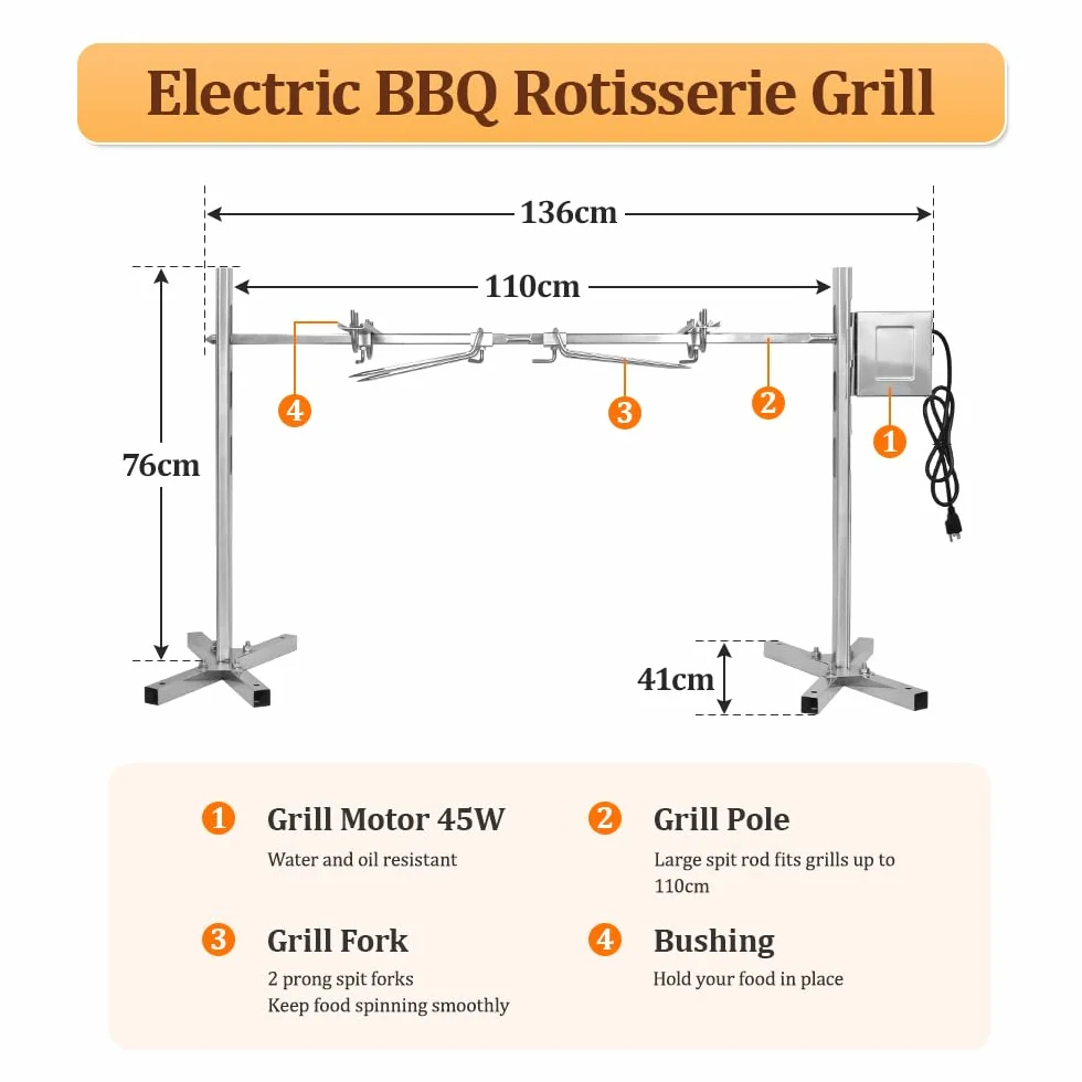 Rożen kominkowy grillowy z silnikiem 45 W 100 kg zestaw szpikulców ze stali nierdzewnej