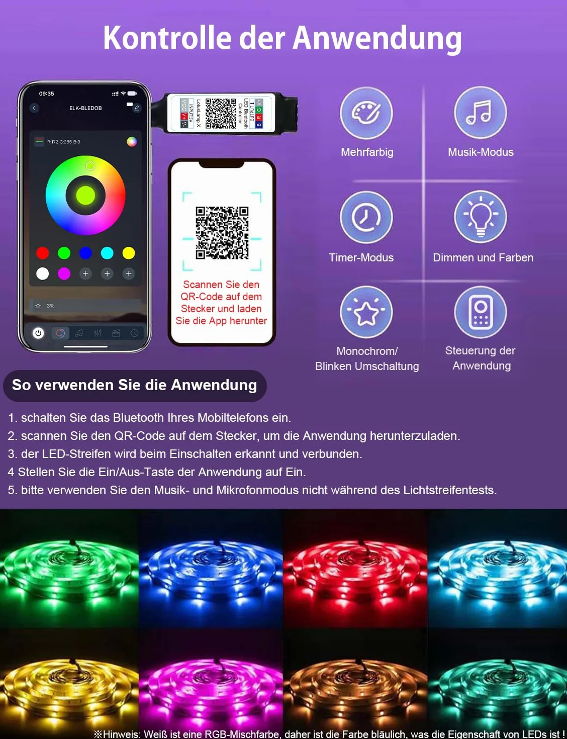 IKERY Taśma LED RGB, 20 m, zmiana kolorów, 16 milionów kolorów, synchronizacja z muzyką, z pilotem zdalnego sterowania, sterowanie za pomocą aplikacji, taśma LED do wnętrz, sypialni, dekoracja (1