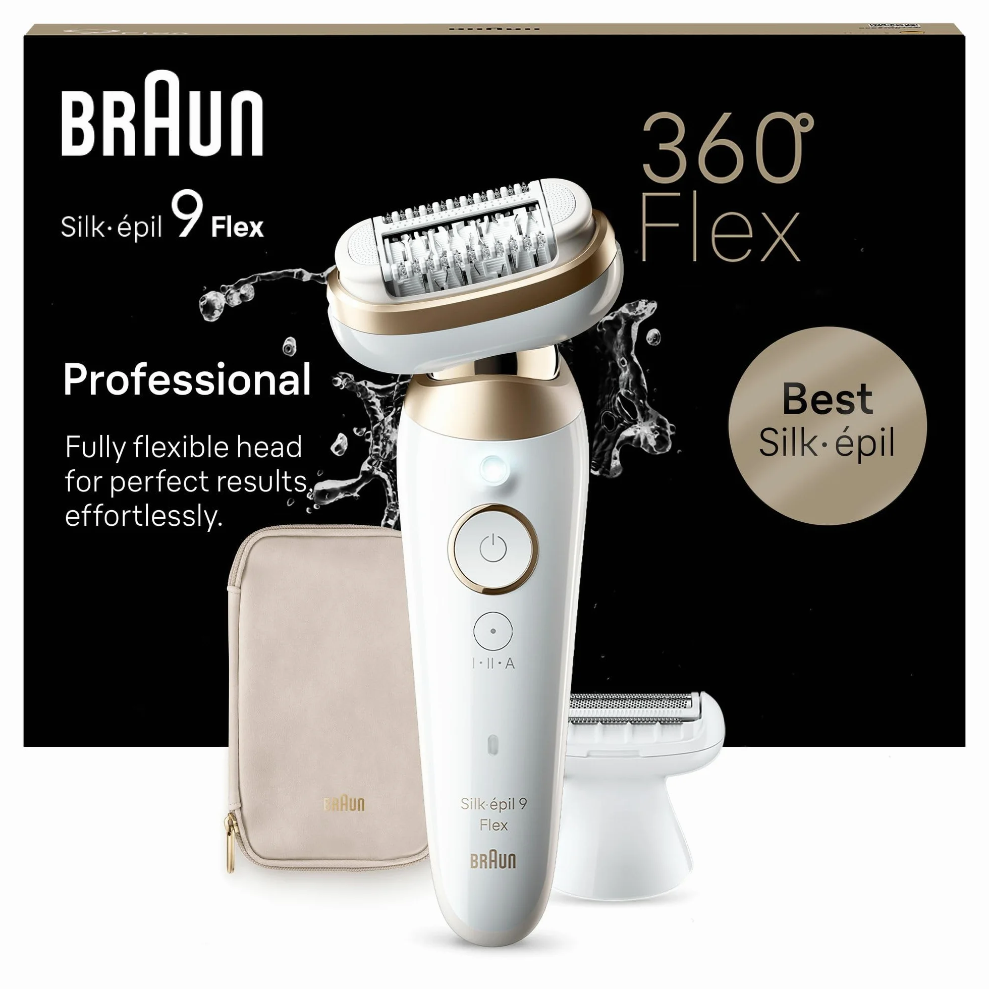 Braun Silk-épil 9 Flex depilator z elastyczną głowicą 360 do łatwego usuwania włosów, na mokro i sucho, długo utrzymująca się jedwabiście gładka skóra, nasadki do golenia i trymera, Made in Germany,