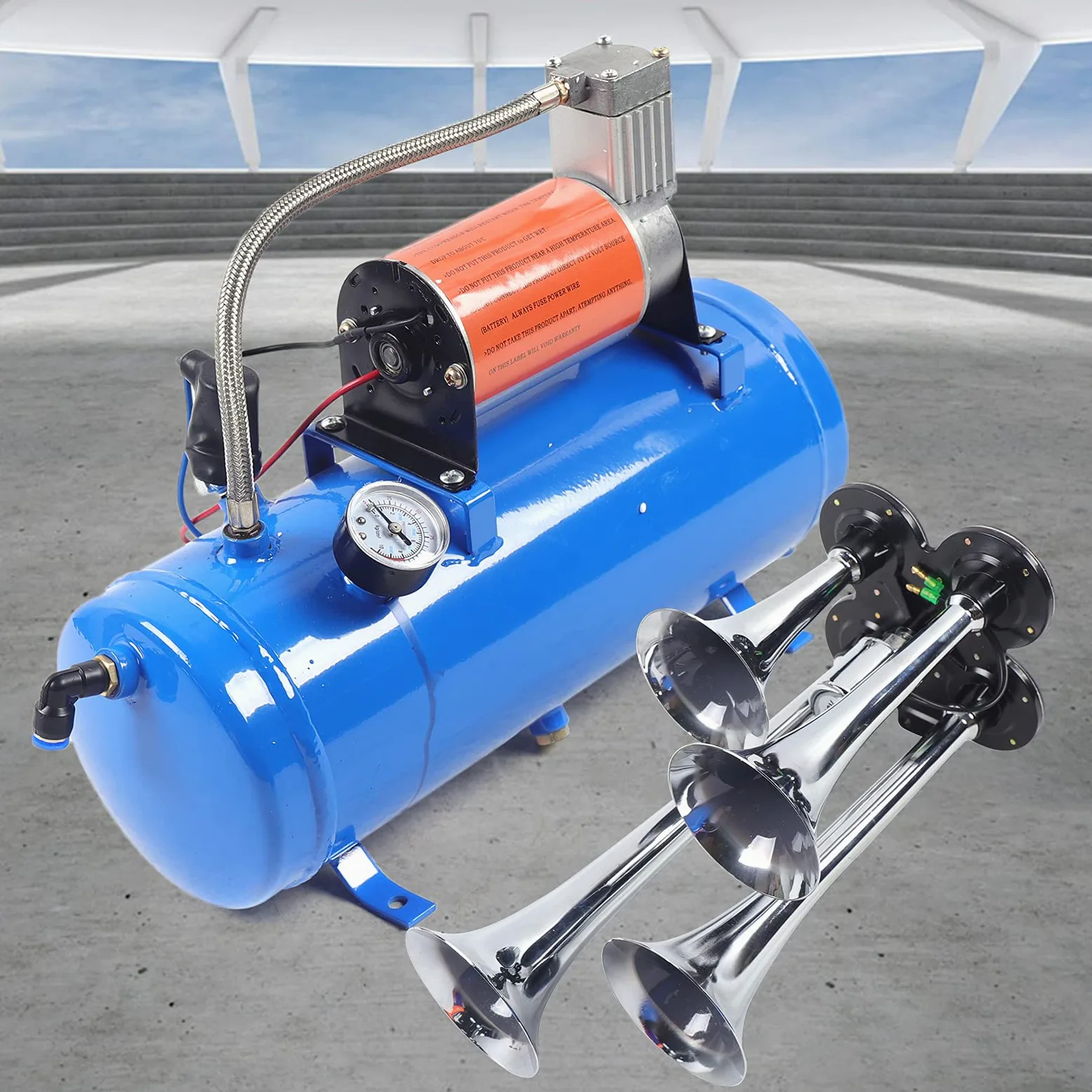 Sprężarka powietrza, zestaw 6 l, kompresor sprężonego powietrza, 150 psi, 12 V, 6 l, 4 trąbki