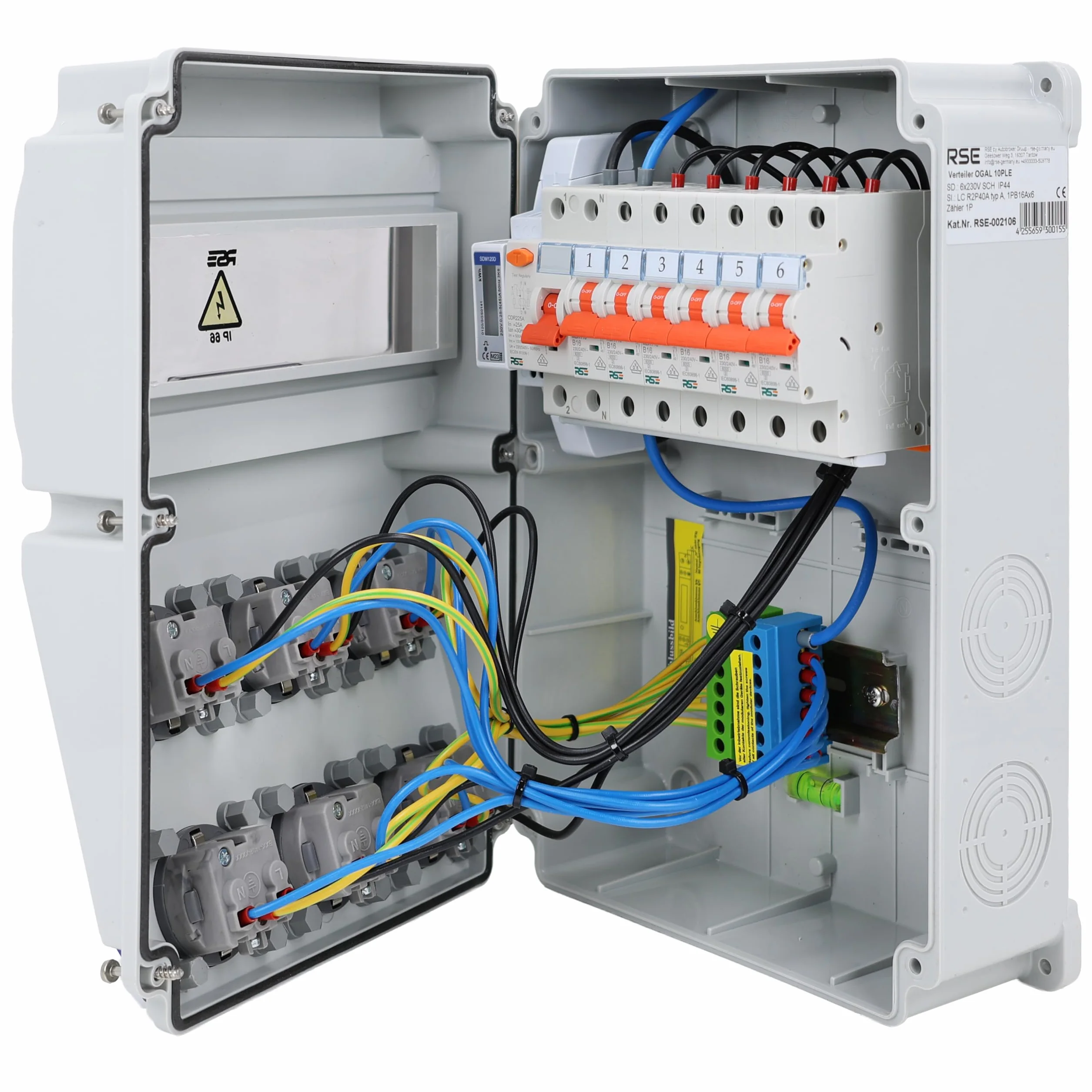 RSE Rozdzielacz prądu budowlanego rozdzielnica ścienna w pełni okablowany 230 V Schuko z licznikiem do wyboru IP65, 9. 6 x 230 V z LS + FI + licznikiem