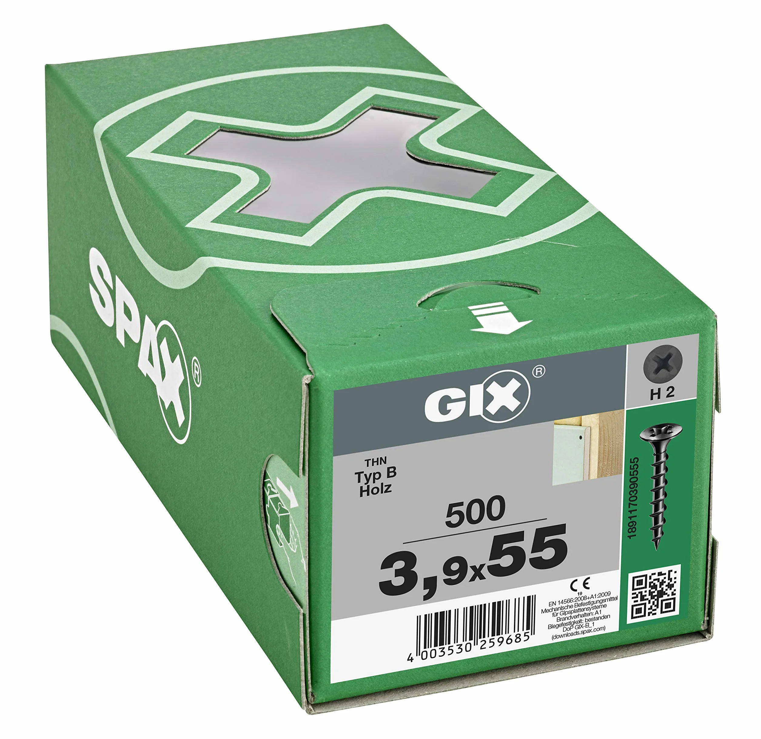 SPAX GIX-B Wkręty do szybkiego montażu 3,9 x 55 mm, gwint gruboziarnisty, 500 sztuk, łeb trąbki, z rowkiem krzyżowym H2, śruby do suchej zabudowy do drewnianych podkonstrukcji – 1891170390555