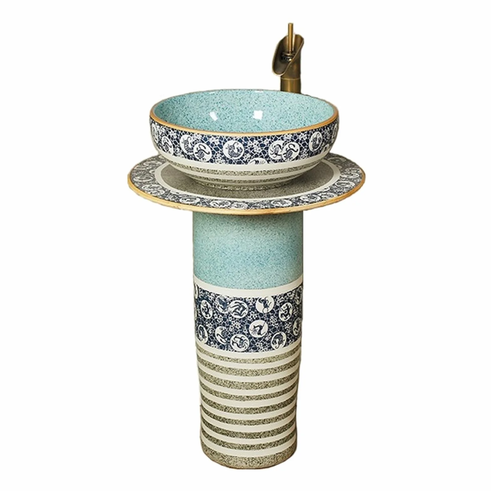 Zlewozmywak łazienkowy na cokole, retro i kreatywna ceramiczna umywalka kolumnowa, 3-częściowa umywalka łazienkowa z podstawą, umywalka podłogowa z kranami, zestaw s(B)