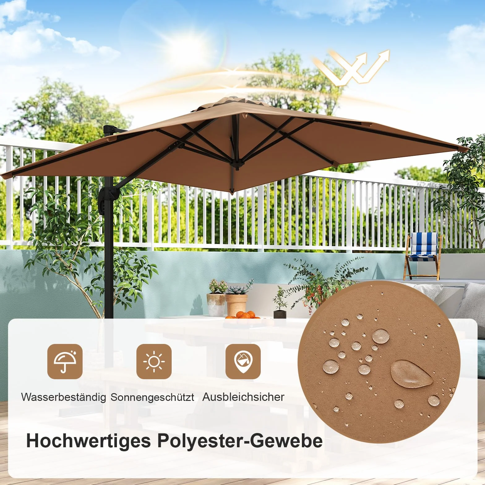 COSTWAY Parasol przeciwsłoneczny prostokątny 250x250 cm z korbą odchylany 360° ogrodowy tarasowy brązowy