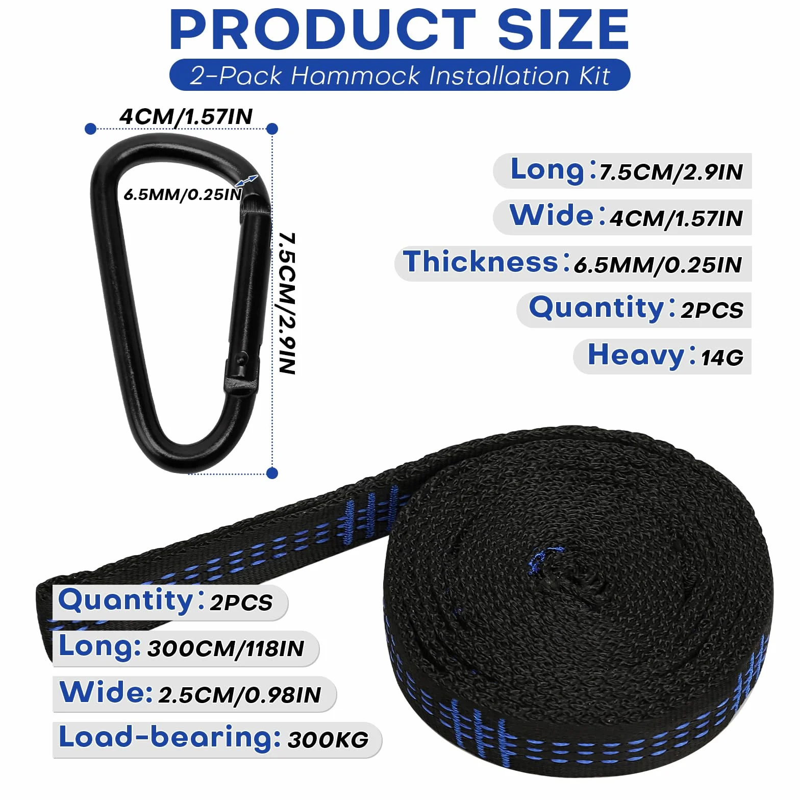 Zestaw 2 pasów mocujących do hamaka 3 m x 2,5 cm obciążenie 300 kg z karabińczykami