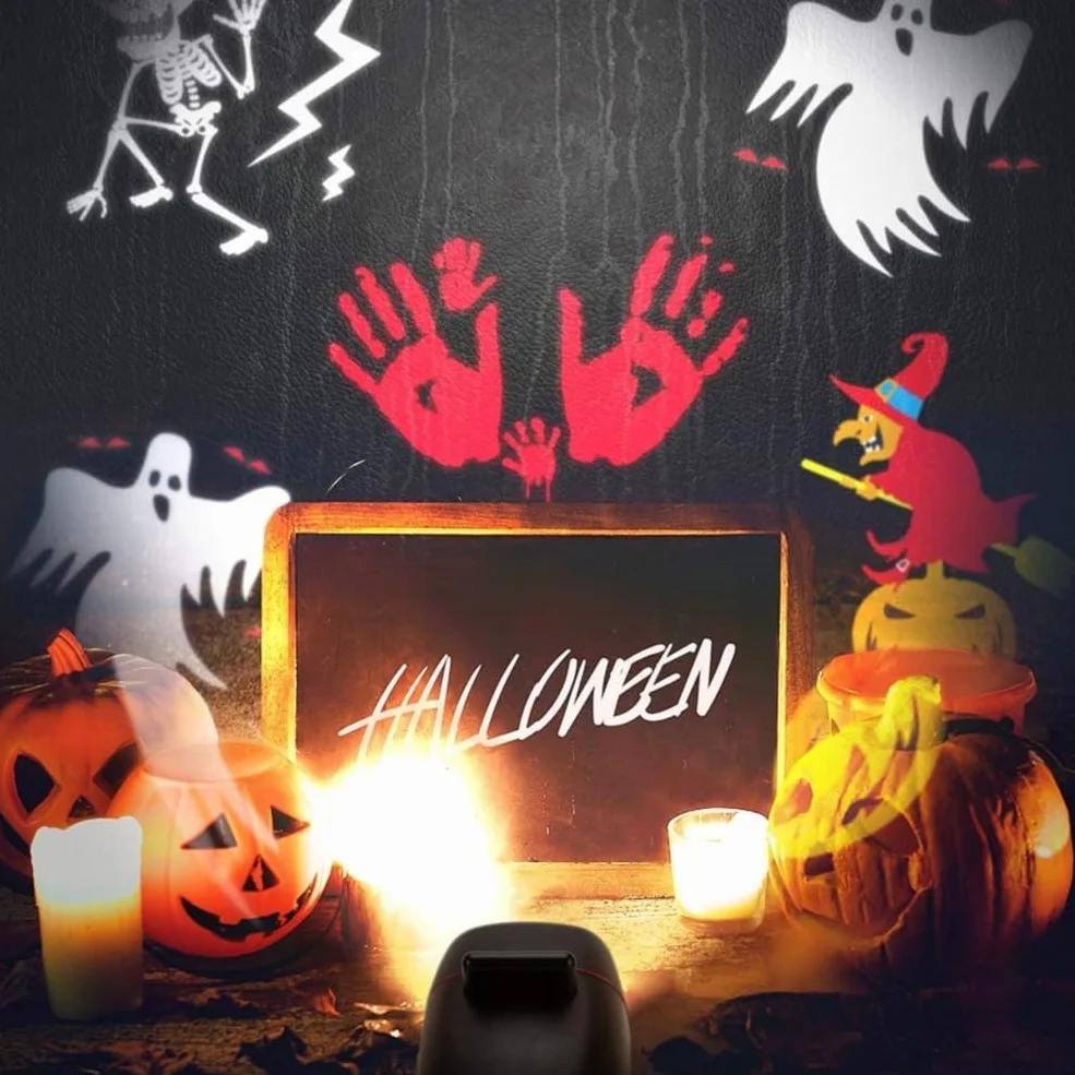 OUSFOT Boże Narodzenie Oświetlenie Zewnętrzne do Dekoracji, Wodoordporne Światło Projekcyjne LED IP65 z 16 Slajdami w Rozdzielczości HD na Boże Halloween, Ogrodzie, na Choinkę, Wzory Świętego Mikołaja
