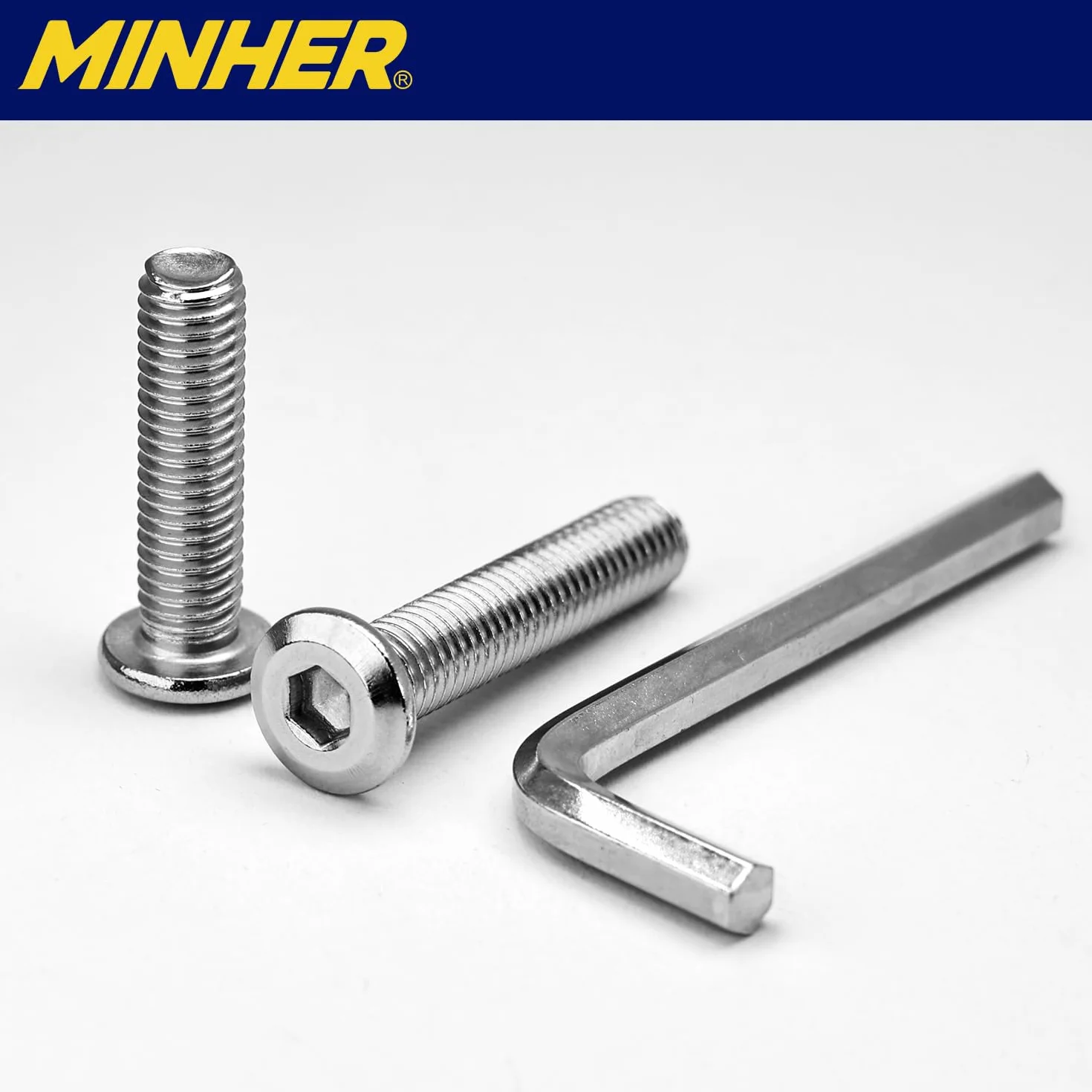 MINHER 10 zestawów śrub M4 x 8 mm, śruby z łbem płaskim, A2 V2A, stal nierdzewna, płaskie, sześciokątne, do mebli (z kluczem imbusowym)