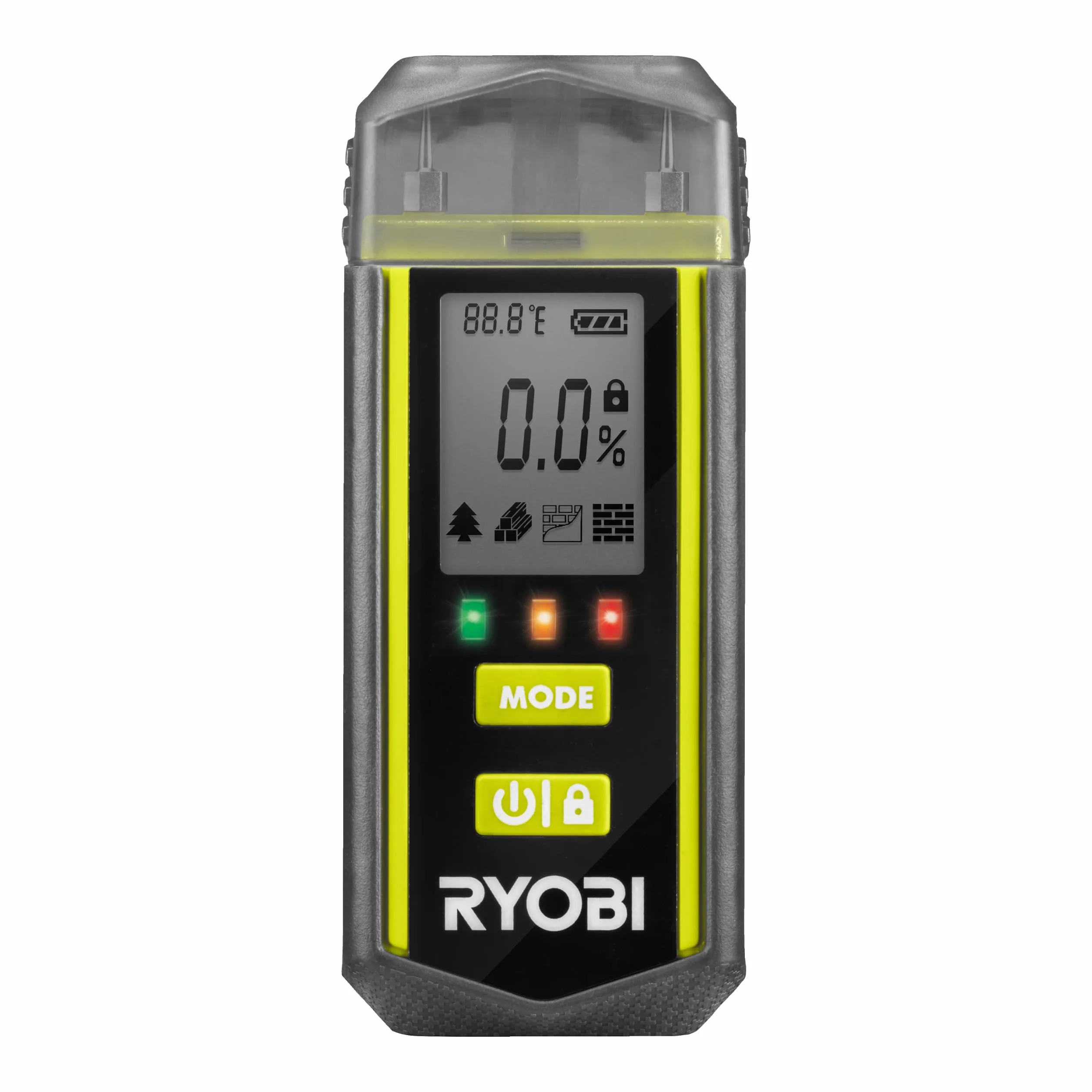 Ryobi Wilgotnościomierz RBPINMM1, Cztery Różne Rodzaje Materiałów, Drewno Iglaste, Drzewo Liściaste, Gips i Beton, Wskaźnik LED Mokro i Sucho