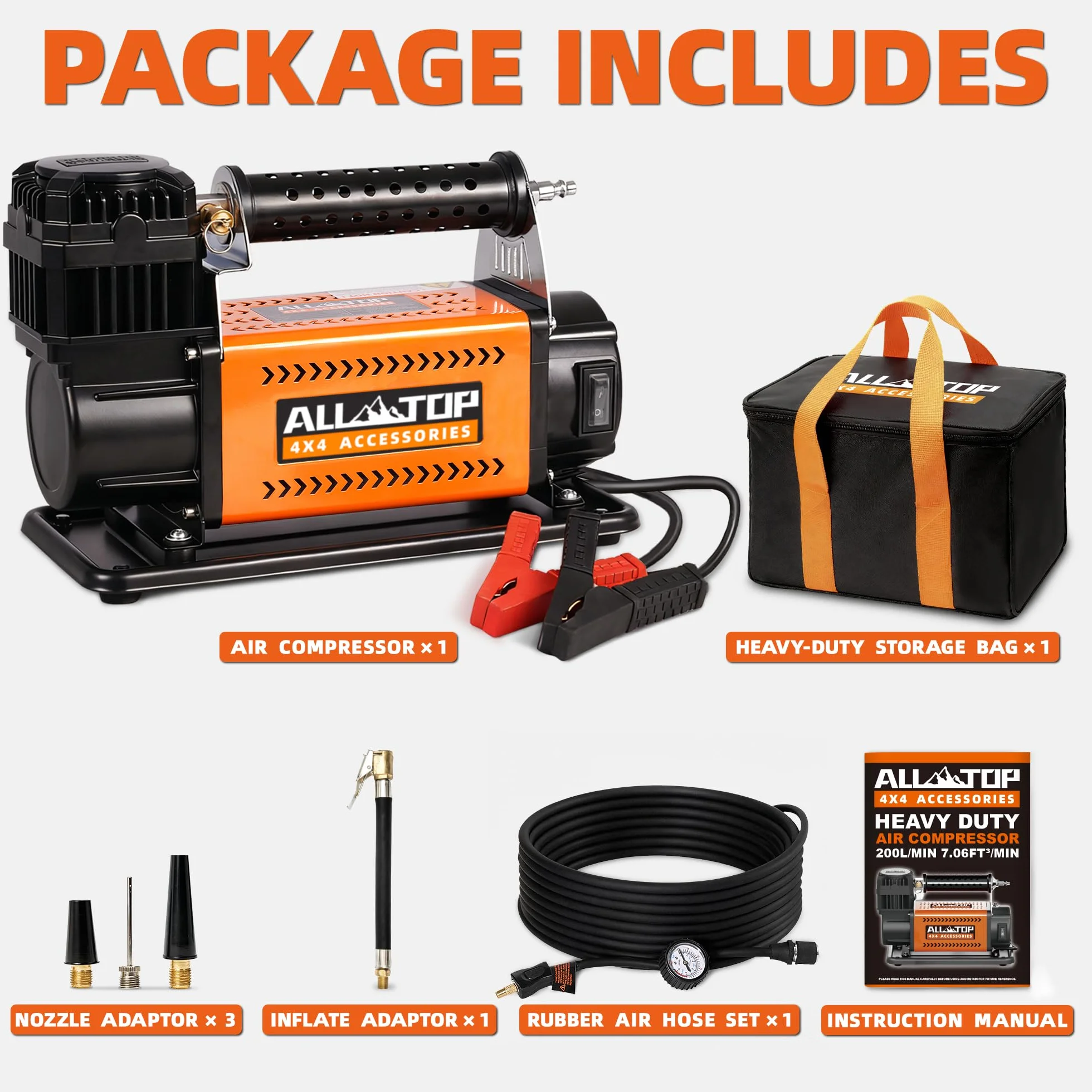 WERPOWER All-Top 4X4 I 12V DC Przenośna sprężarka powietrza Maximum Tire Pressure 150PSI Wskaźnik przepływu 180L/min (160L Sprężarka powietrza)