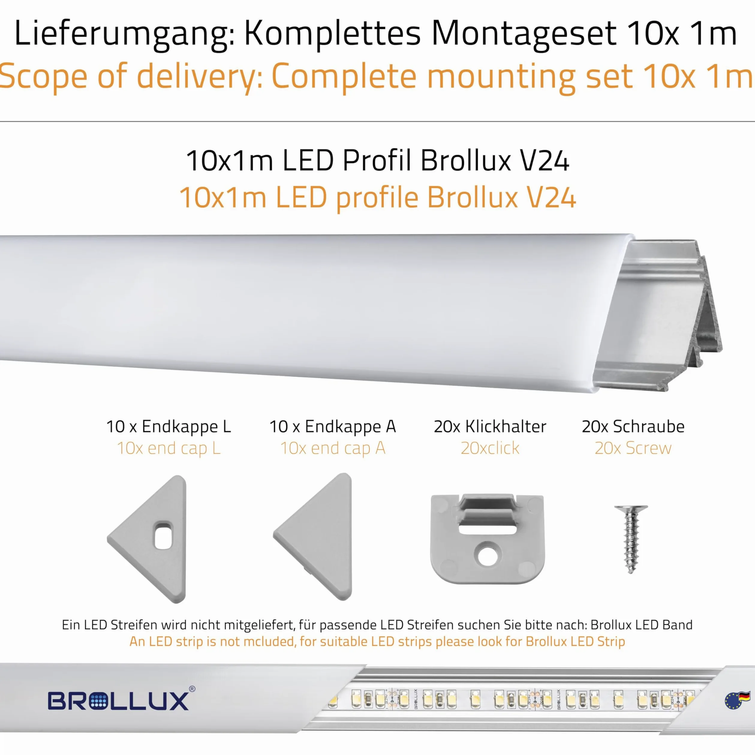 Brollux Profil narożny LED V24, zestaw 10 m (10 x 1 m) profil aluminiowy 45 stopni narożnik aluminiowy do taśm LED listwa świetlna bez żarówki